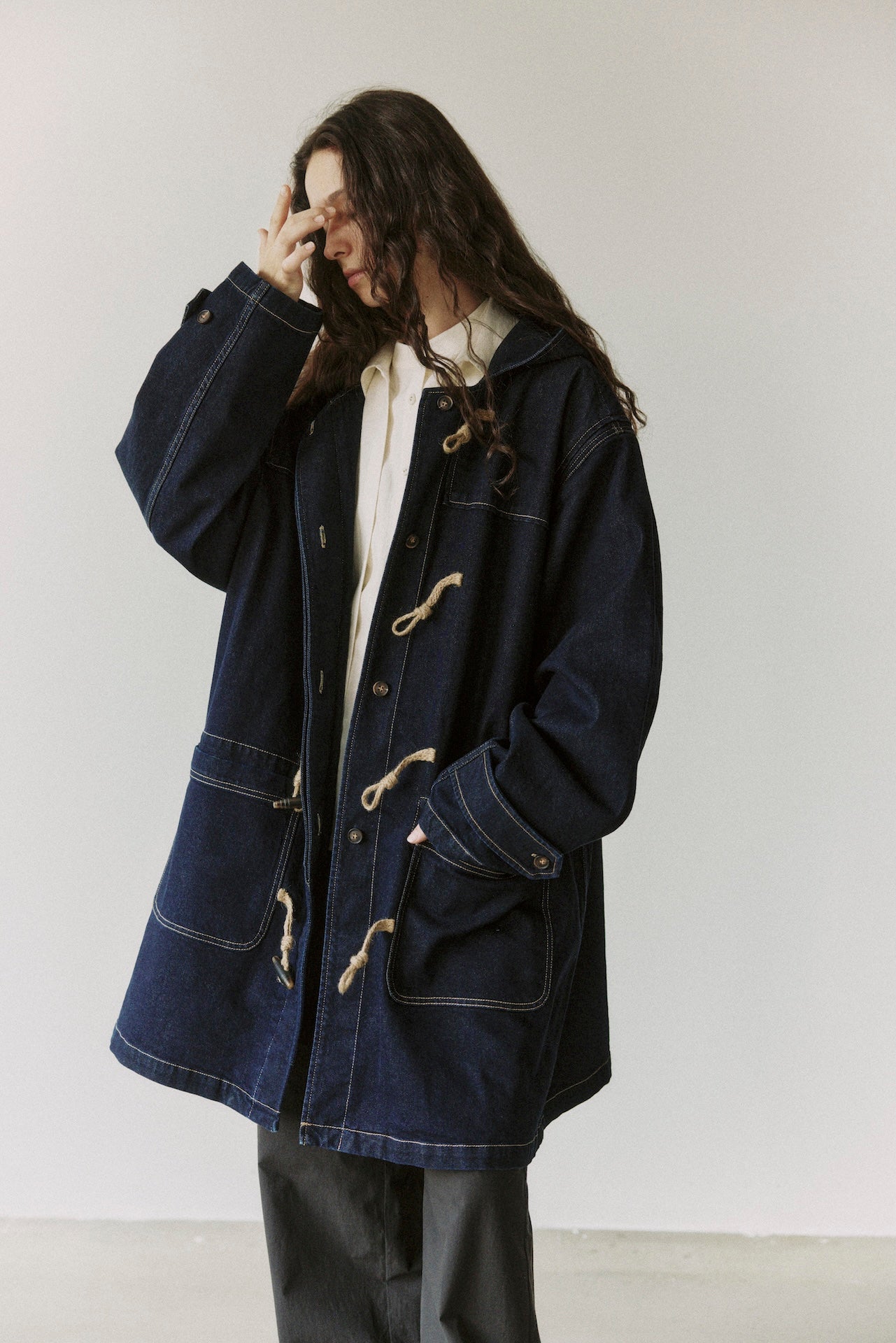 Mid-Length Hooded Duffle Denim Coat