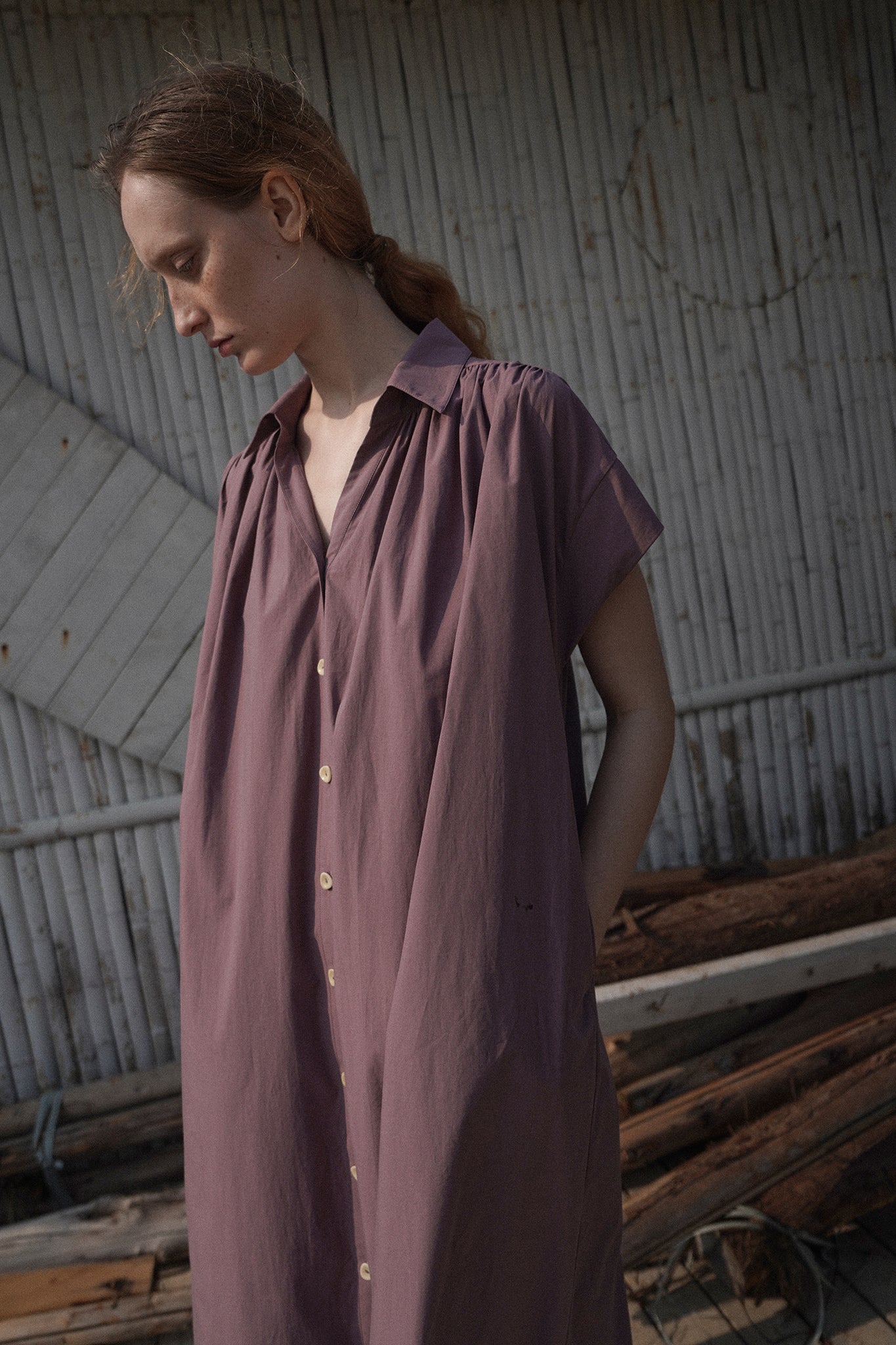 Long Staple Cotton Pleated V-Neck Short Sleeve Shirt Dress (PRE-ORDER)