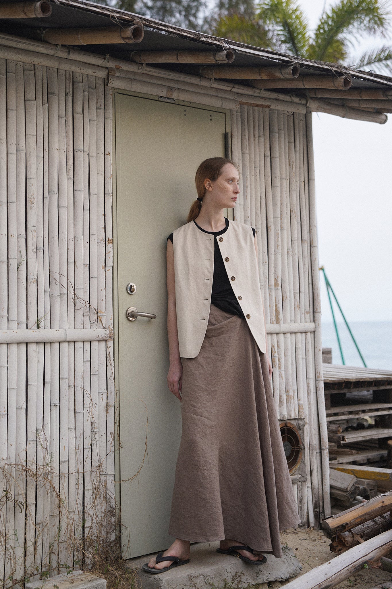 Two-Tone Linen Draped Asymmetric Long Skirt (PRE-ORDER)