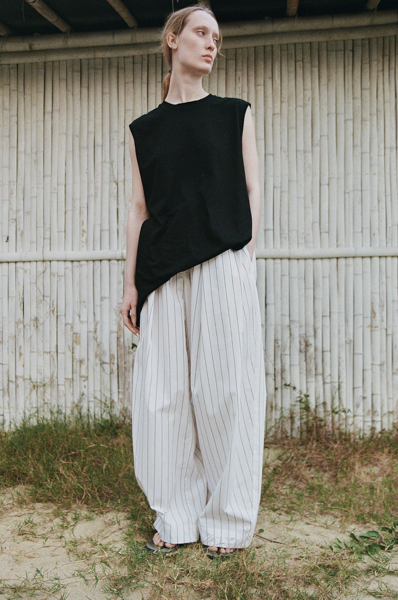 Linen&Cotton Blended Black Striped Wide-leg Pants (PRE-ORDER)