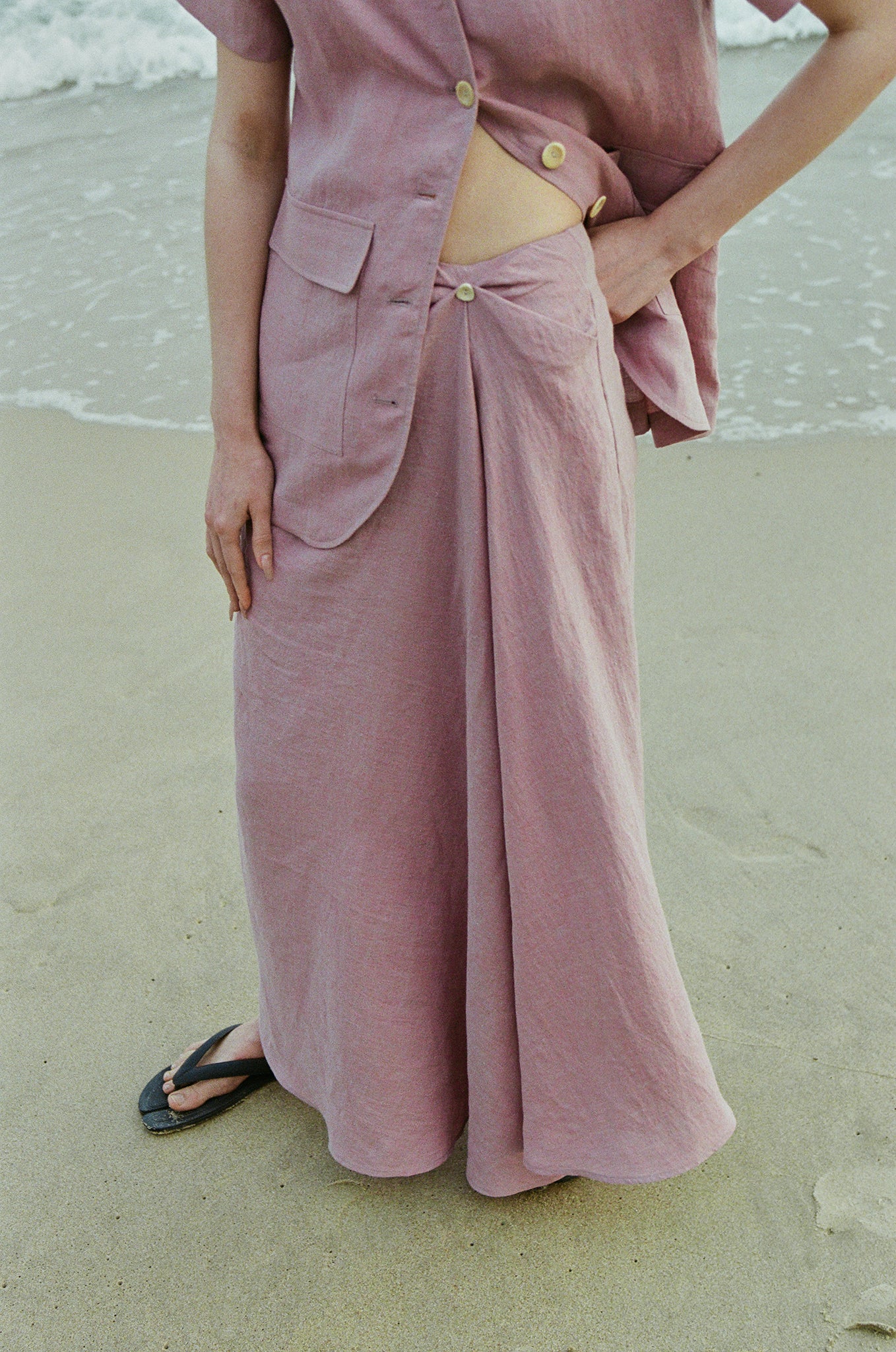 Two-Tone Linen Draped Asymmetric Long Skirt (PRE-ORDER)