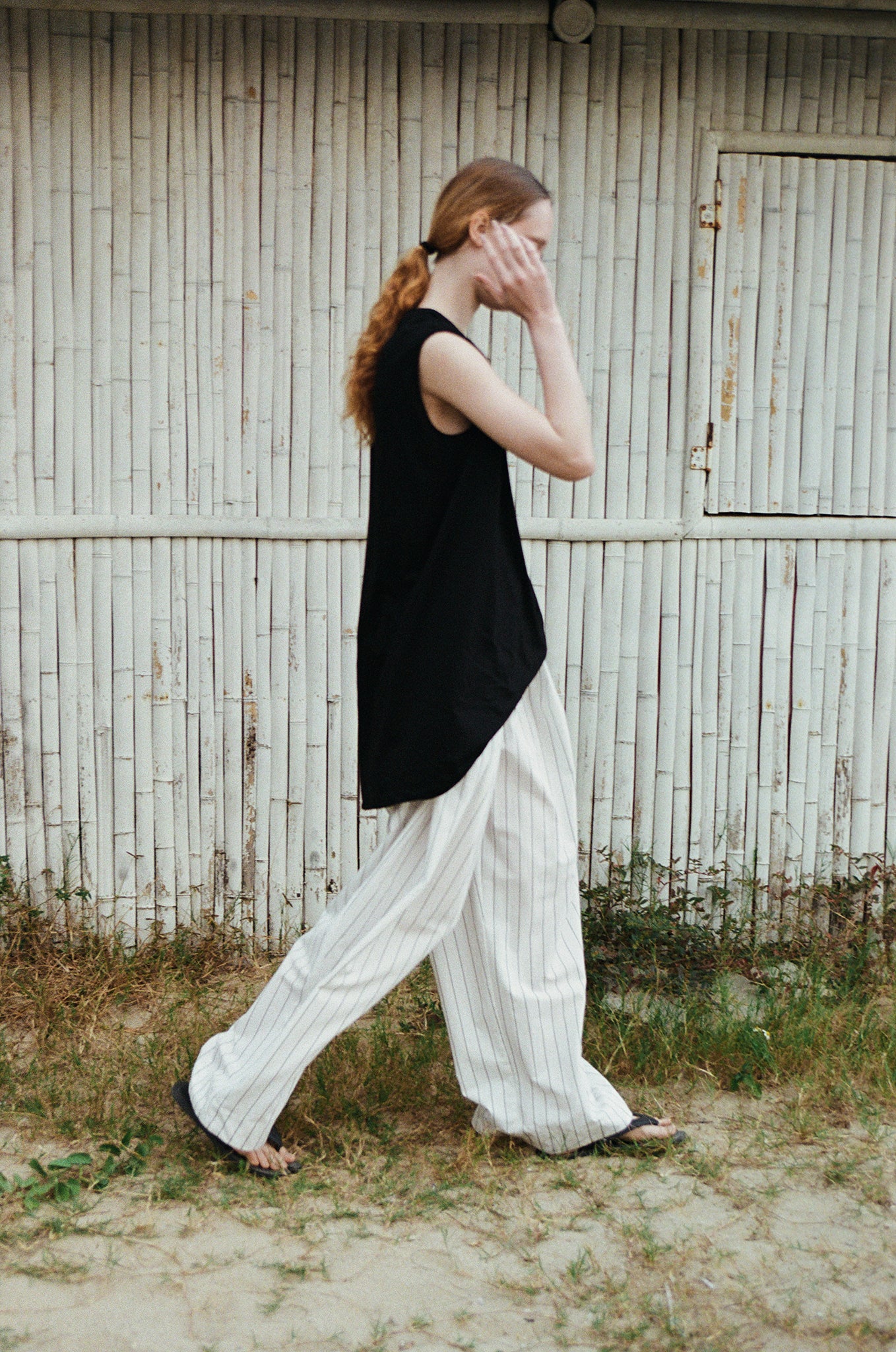 Linen&Cotton Blended Black Striped Wide-leg Pants (PRE-ORDER)