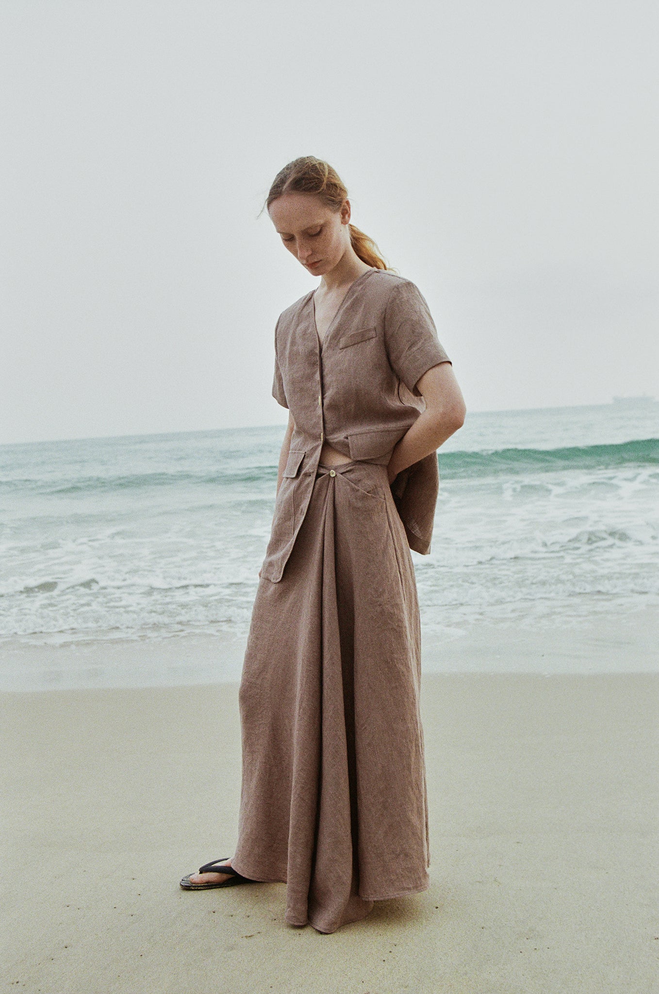 Two-Tone Linen Draped Asymmetric Long Skirt (PRE-ORDER)