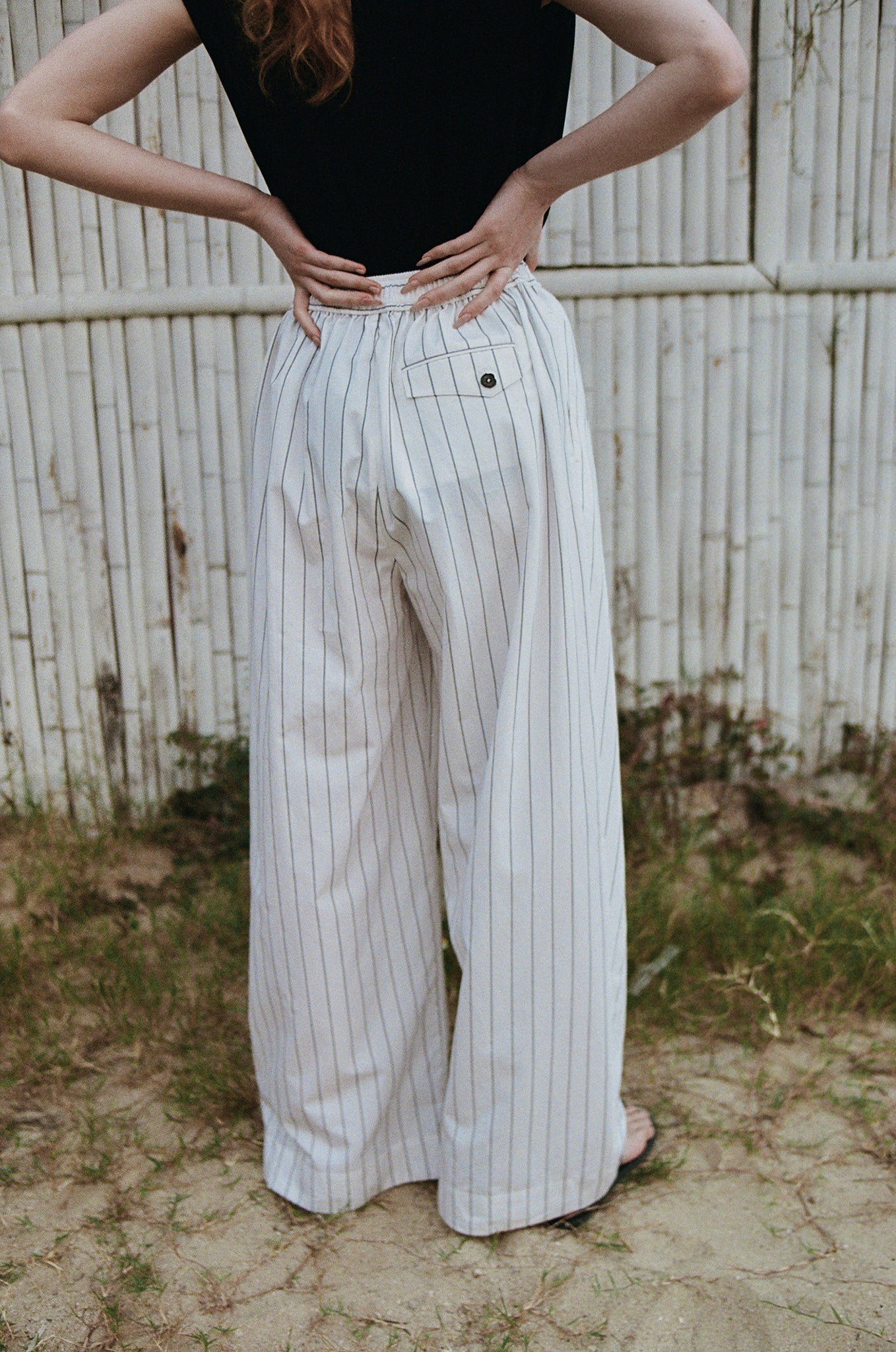 Linen&Cotton Blended Black Striped Wide-leg Pants (PRE-ORDER)