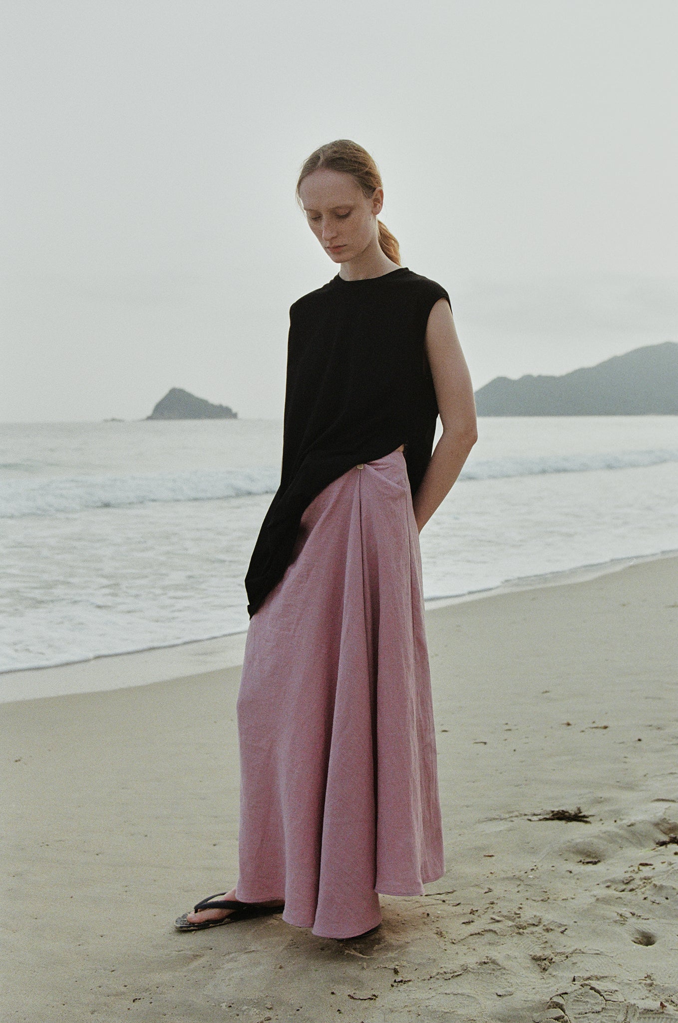 Two-Tone Linen Draped Asymmetric Long Skirt (PRE-ORDER)