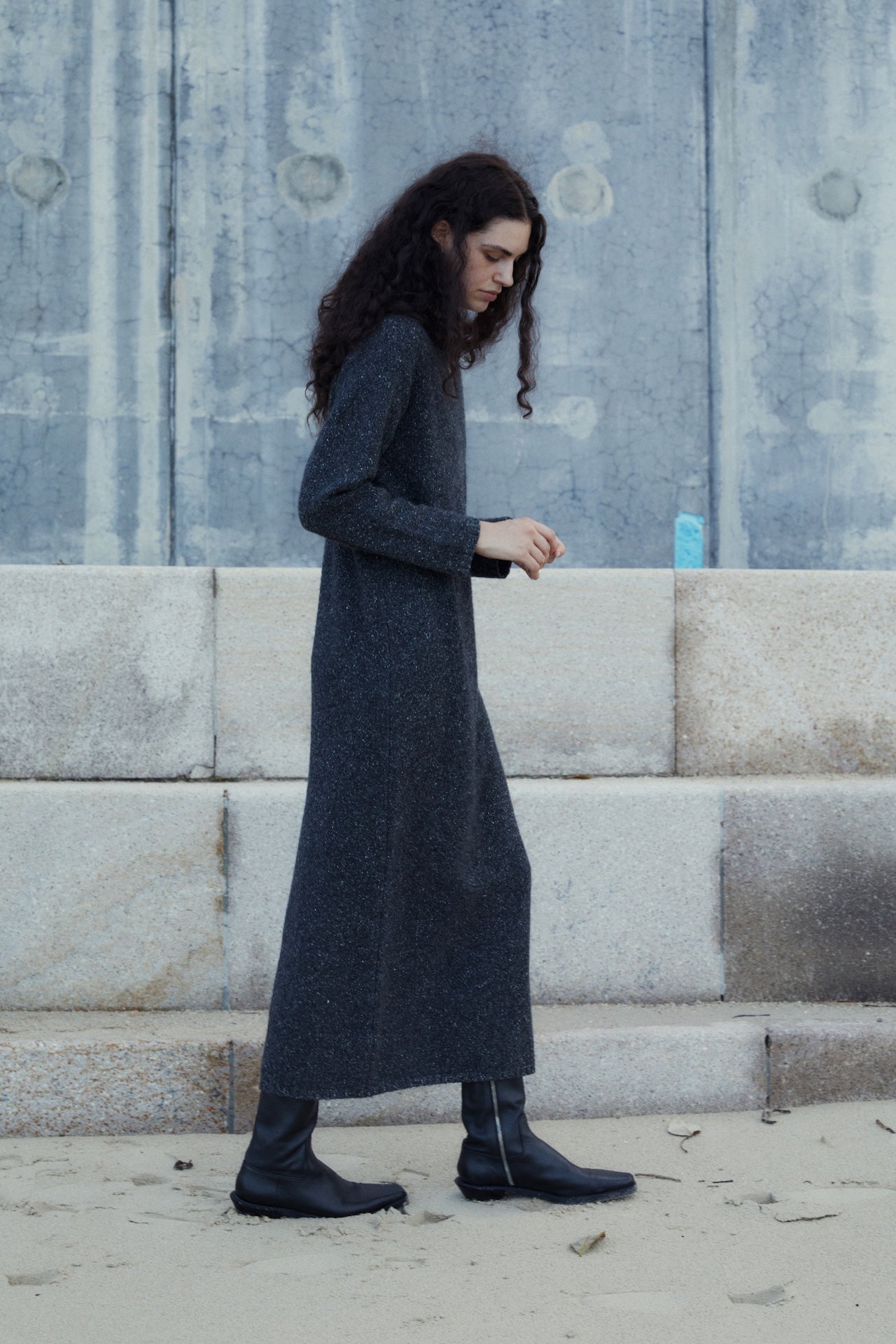 Merino Wool Heart-Collar Long Knit Sweater Dress