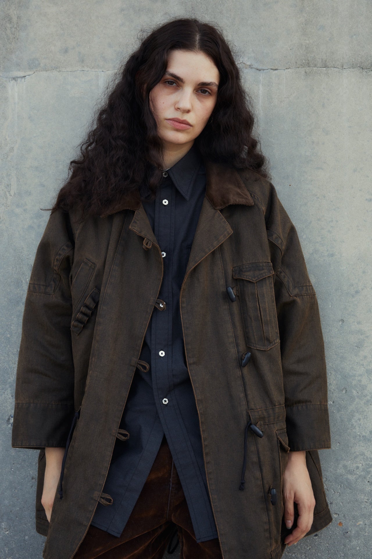 Patch-Pocket Drawstring-Waist Military Collar Jacket