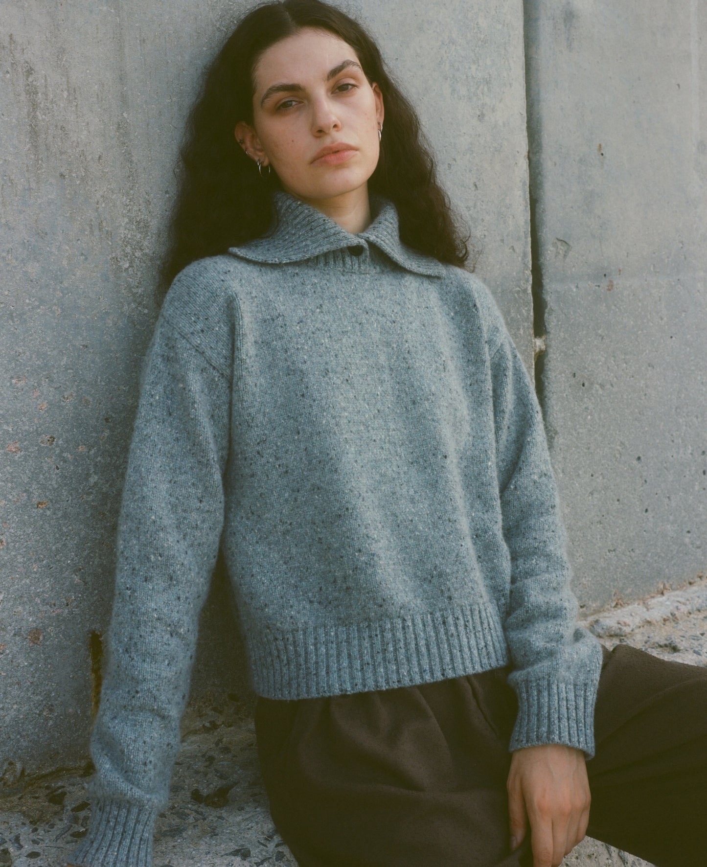 Extra-Fine Merino Wool & Alpaca Blend Oversized Fold-Collar Knit Sweater