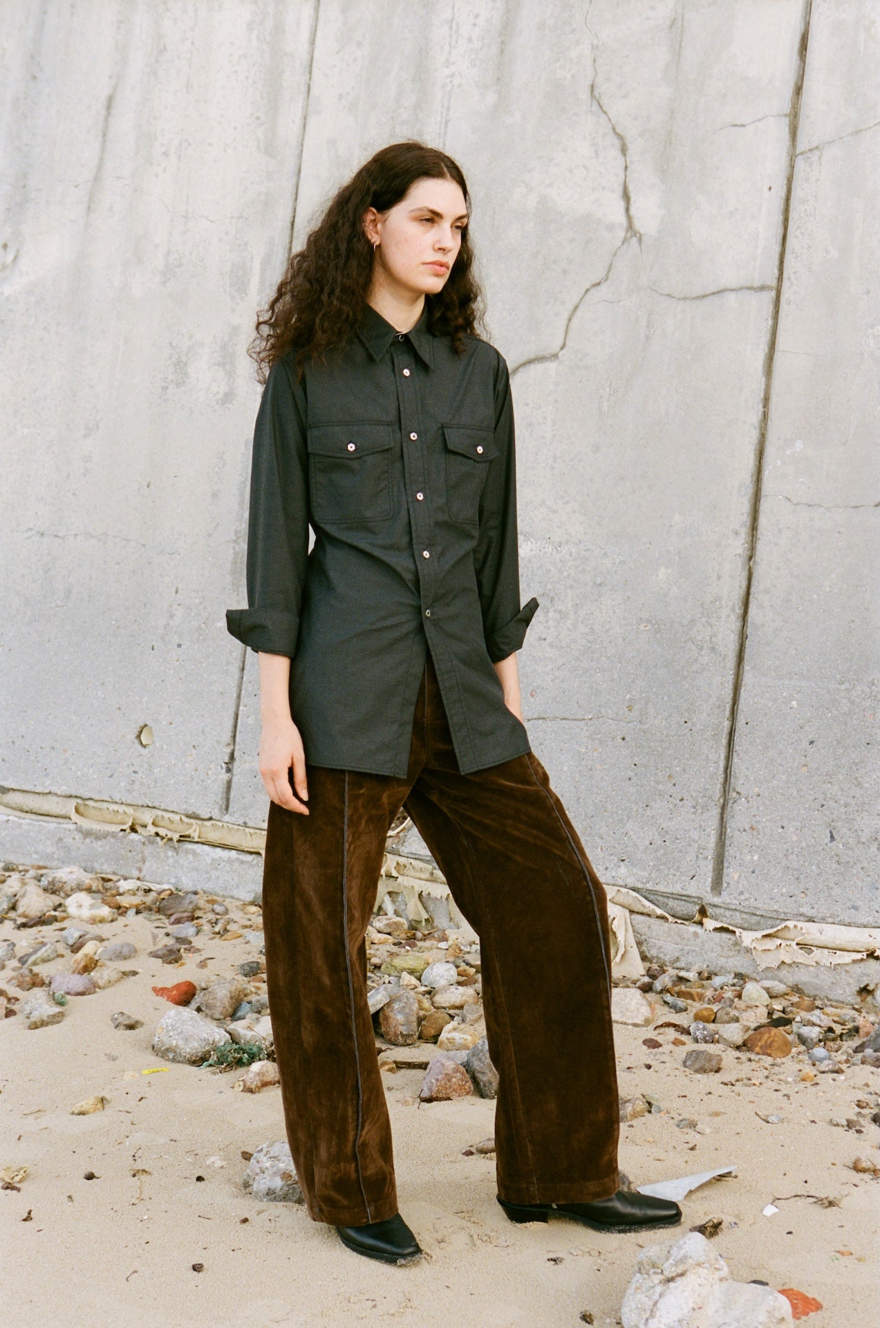 Cotton-Blend Utility Pocket Cinched-Waist Long-Sleeve Shirt