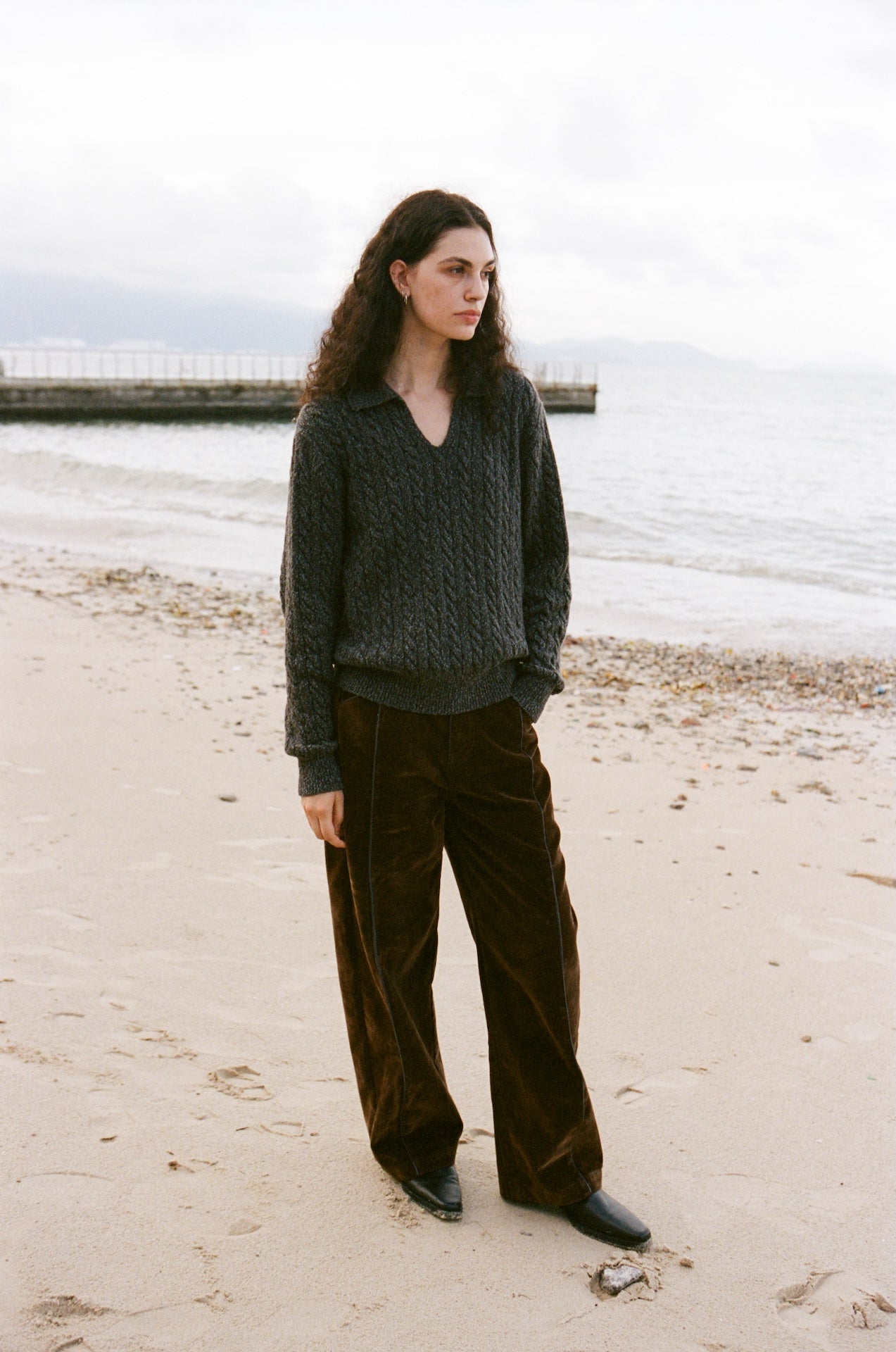 Collar Cable-Knit Relaxed Polo Sweater