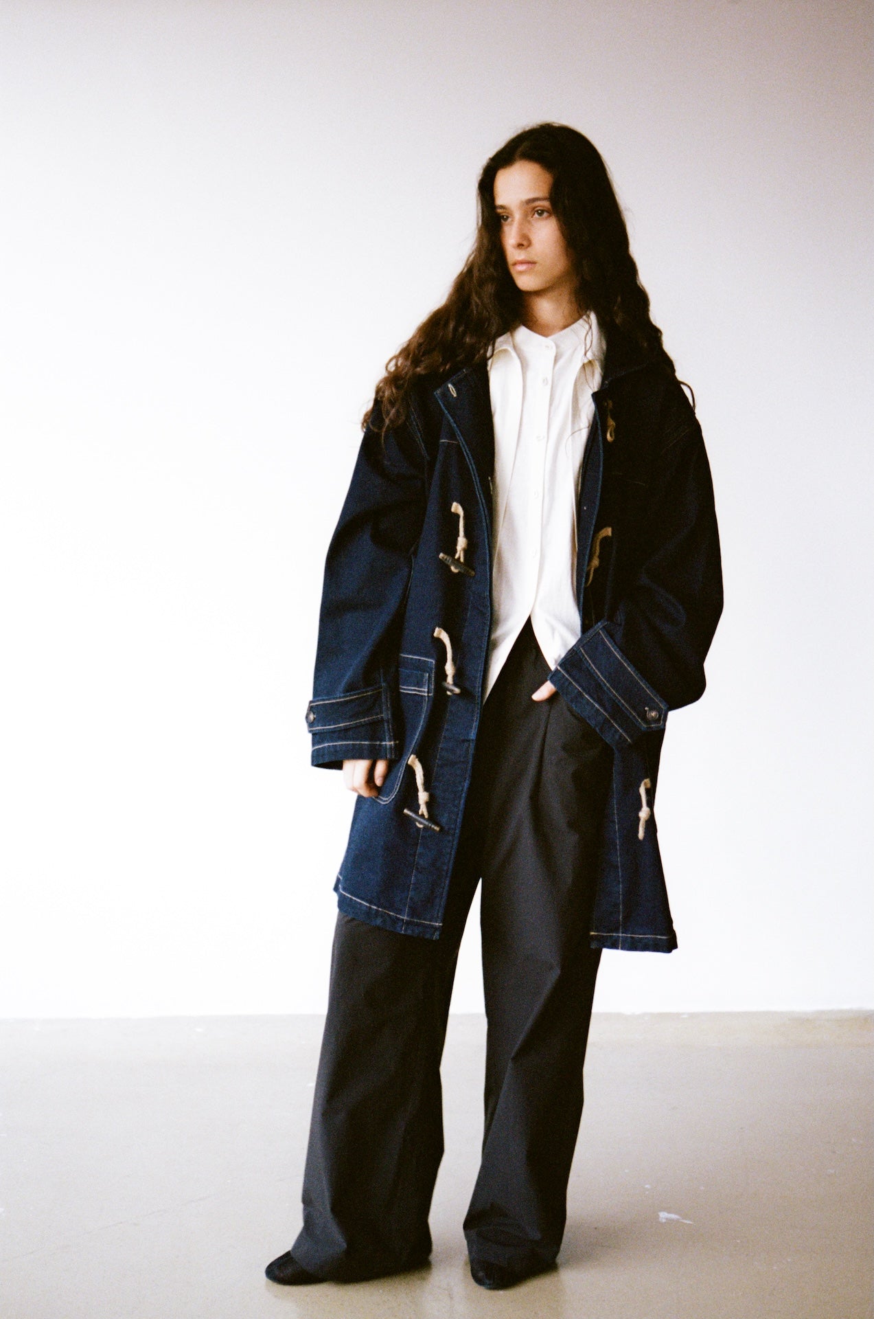 Mid-Length Hooded Duffle Denim Coat