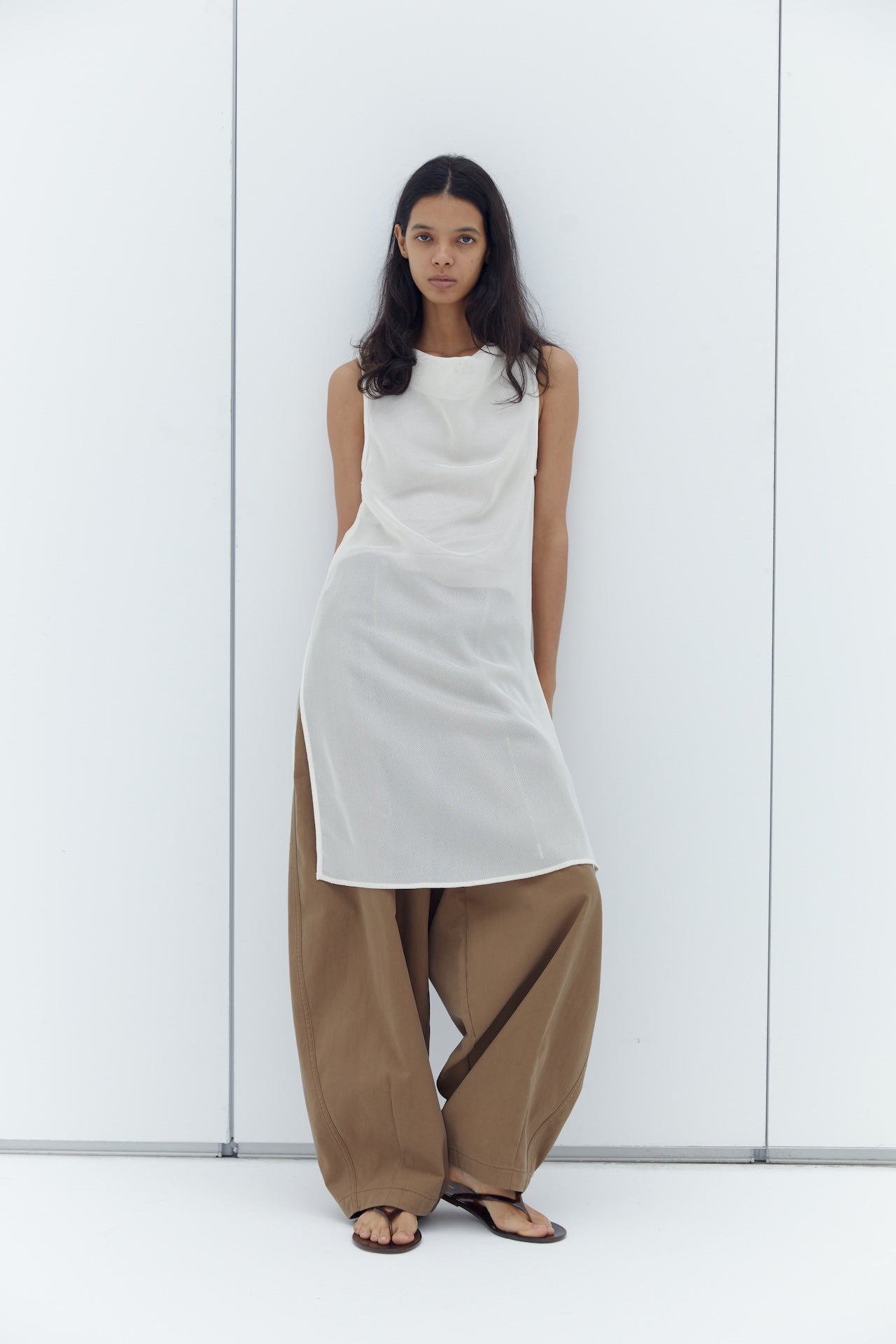 Draped Neck Sleeveless Longline Sheer Layering Top