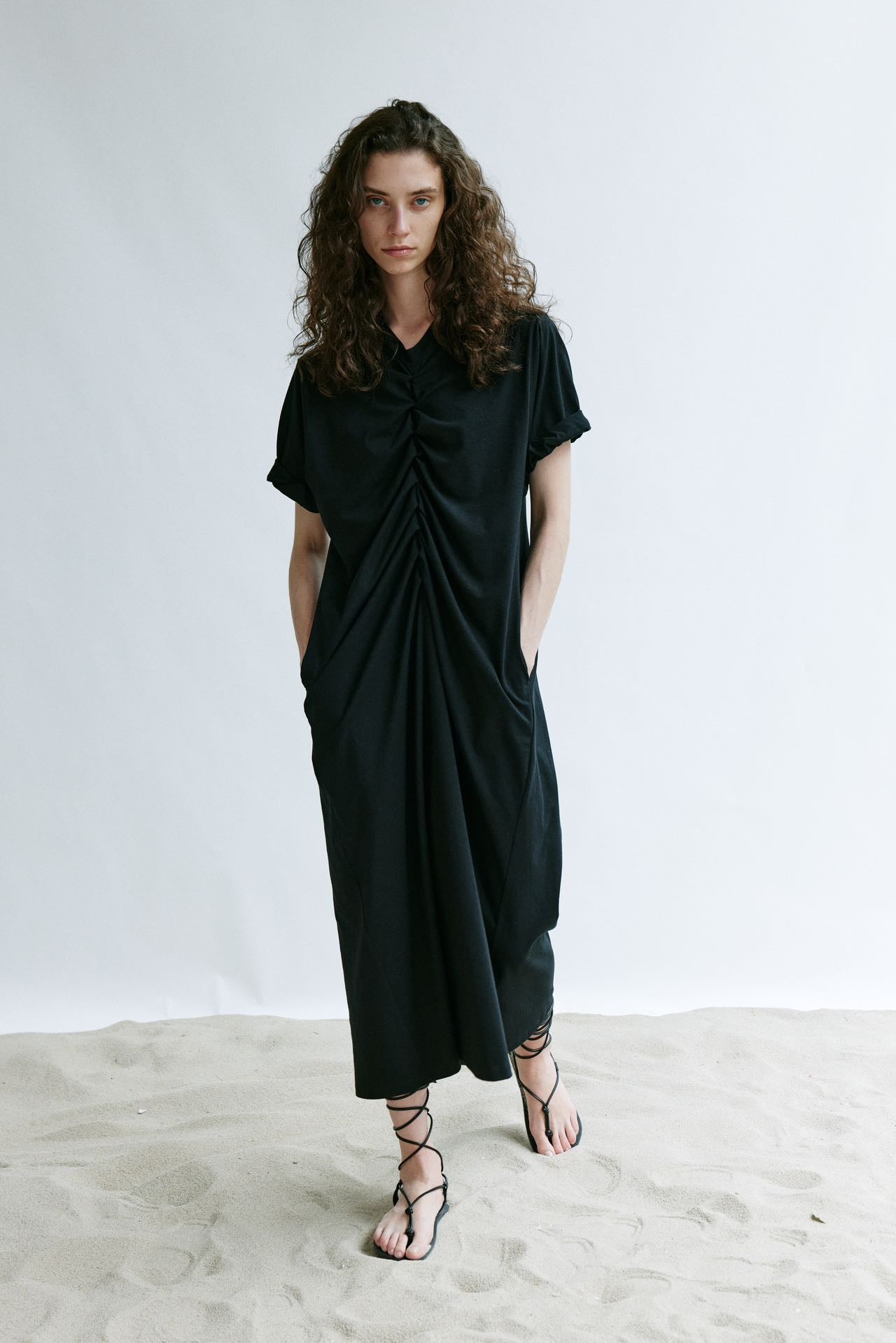 V-neck Ribbed Cuff Mid-length Knit Dress