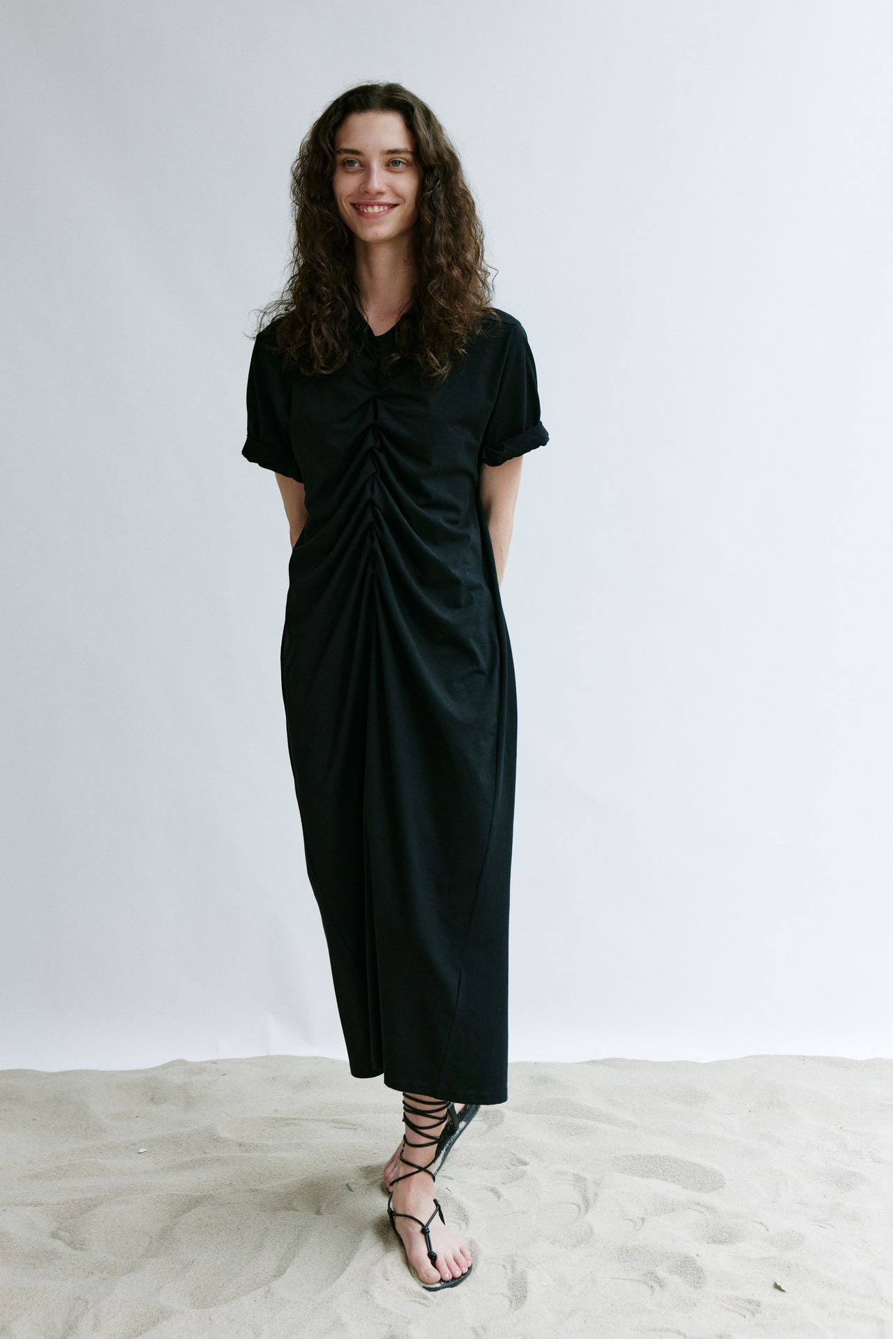 V-neck Ribbed Cuff Mid-length Knit Dress