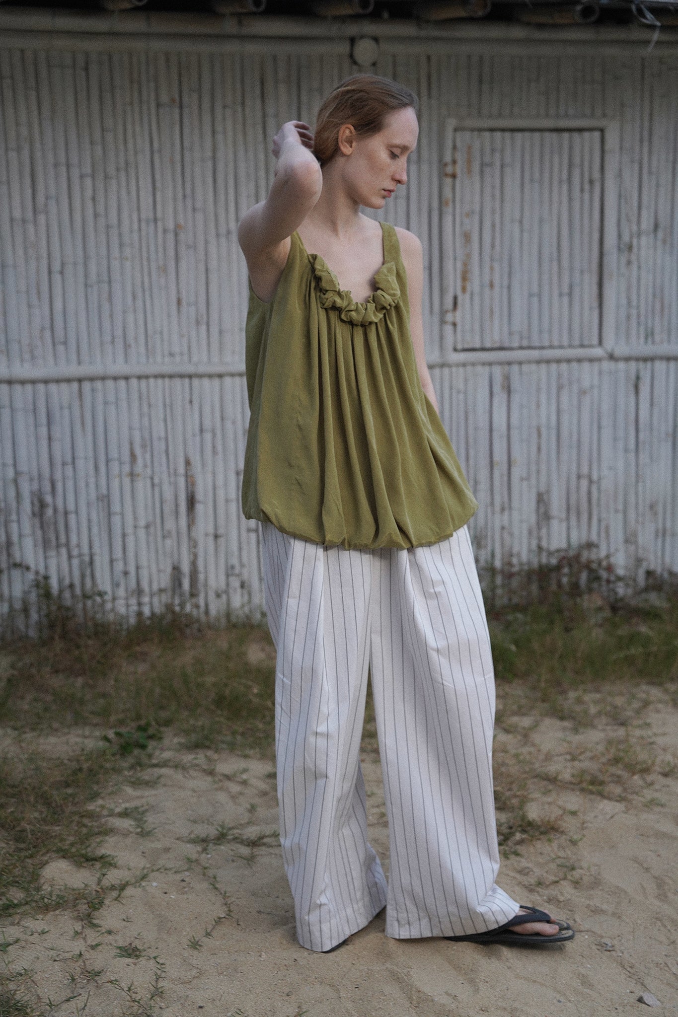 Linen&Cotton Blended Black Striped Wide-leg Pants (PRE-ORDER)