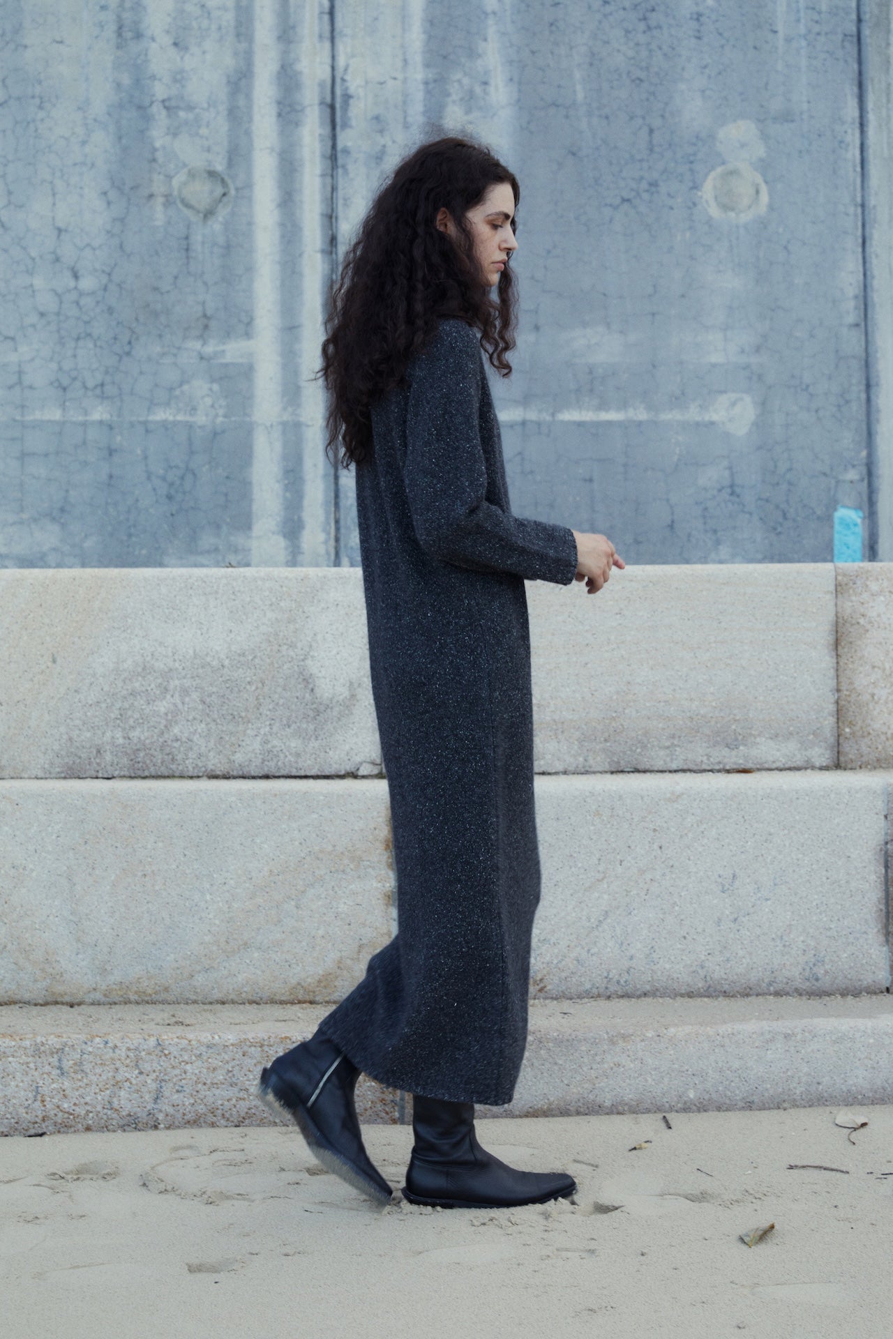 Merino Wool Heart-Collar Long Knit Sweater Dress