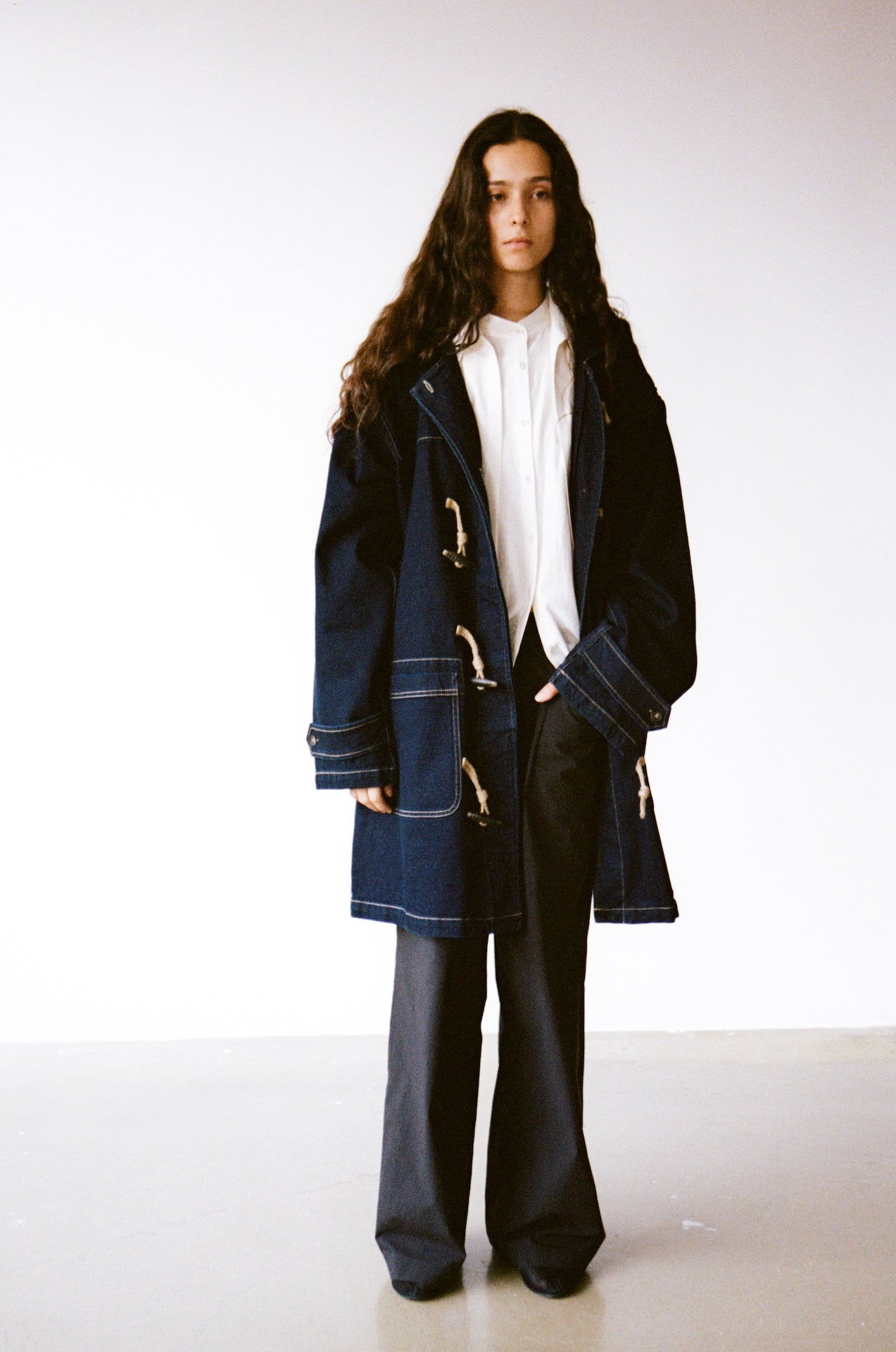 Mid-Length Hooded Duffle Denim Coat