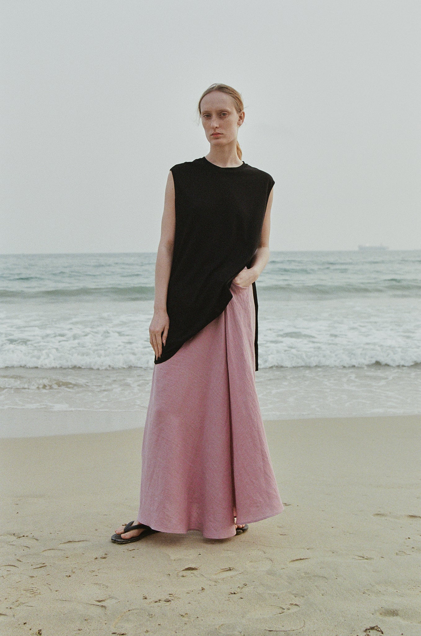 Two-Tone Linen Draped Asymmetric Long Skirt (PRE-ORDER)