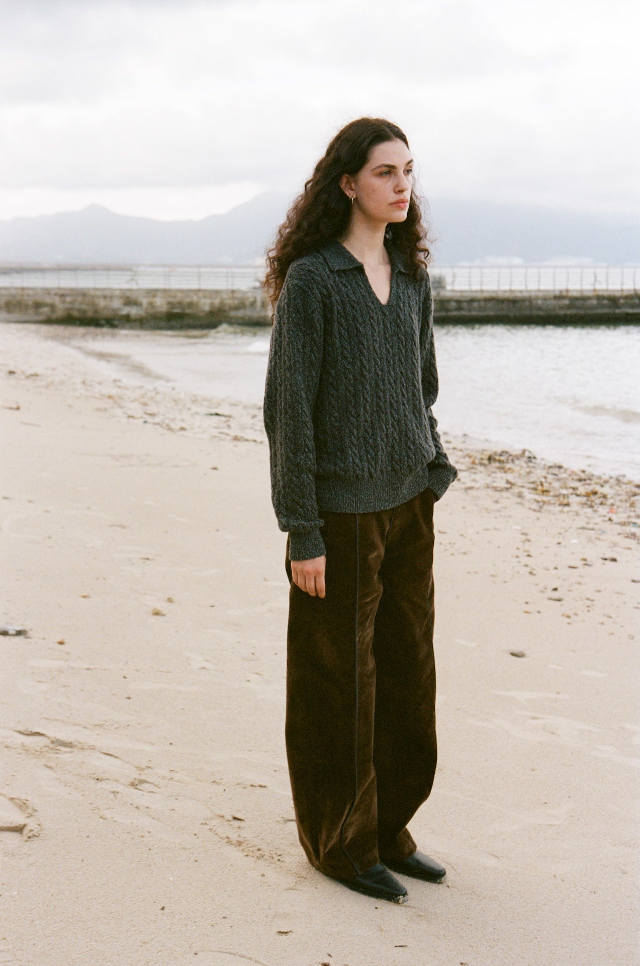 Collar Cable-Knit Relaxed Polo Sweater