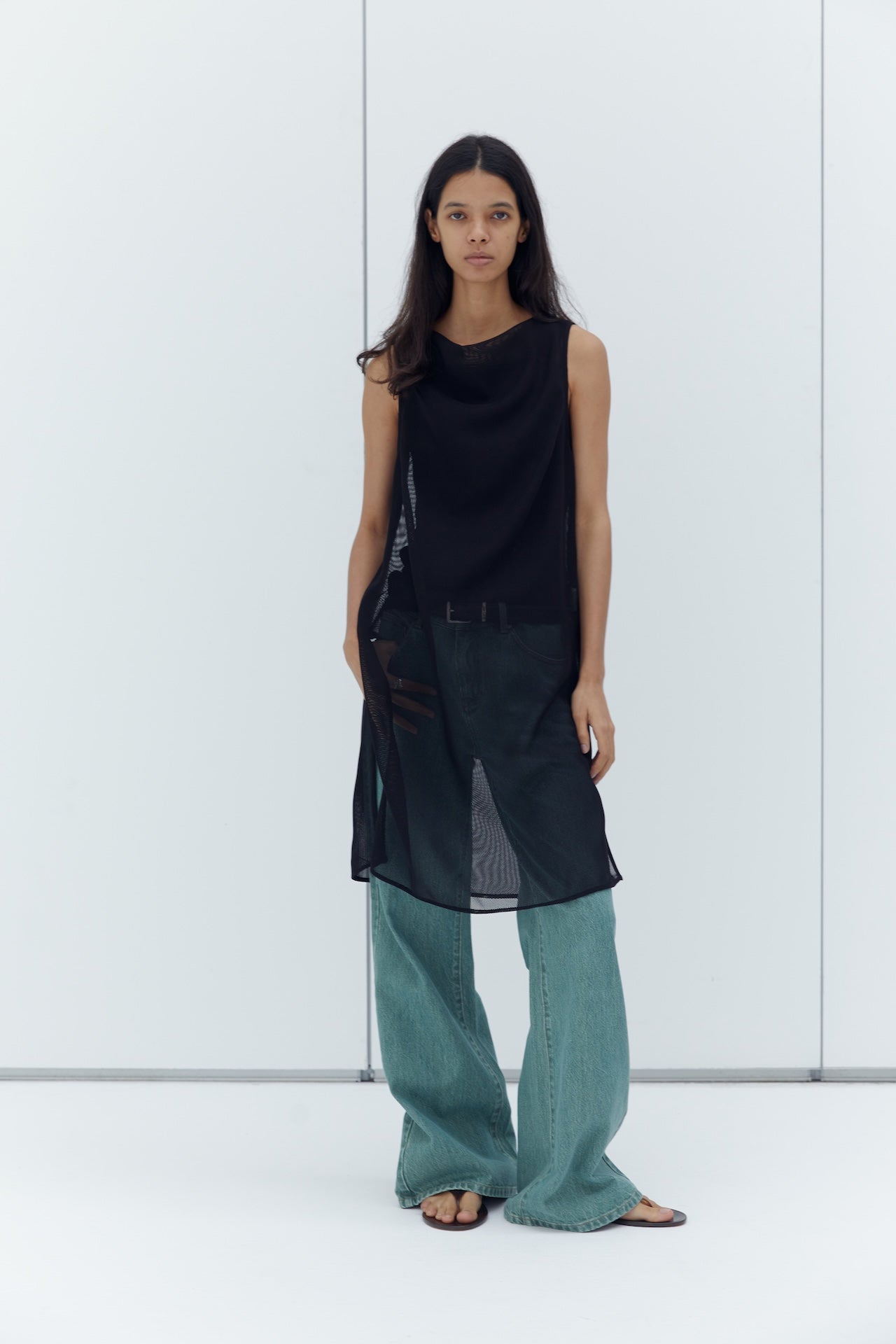 Draped Neck Sleeveless Longline Sheer Layering Top