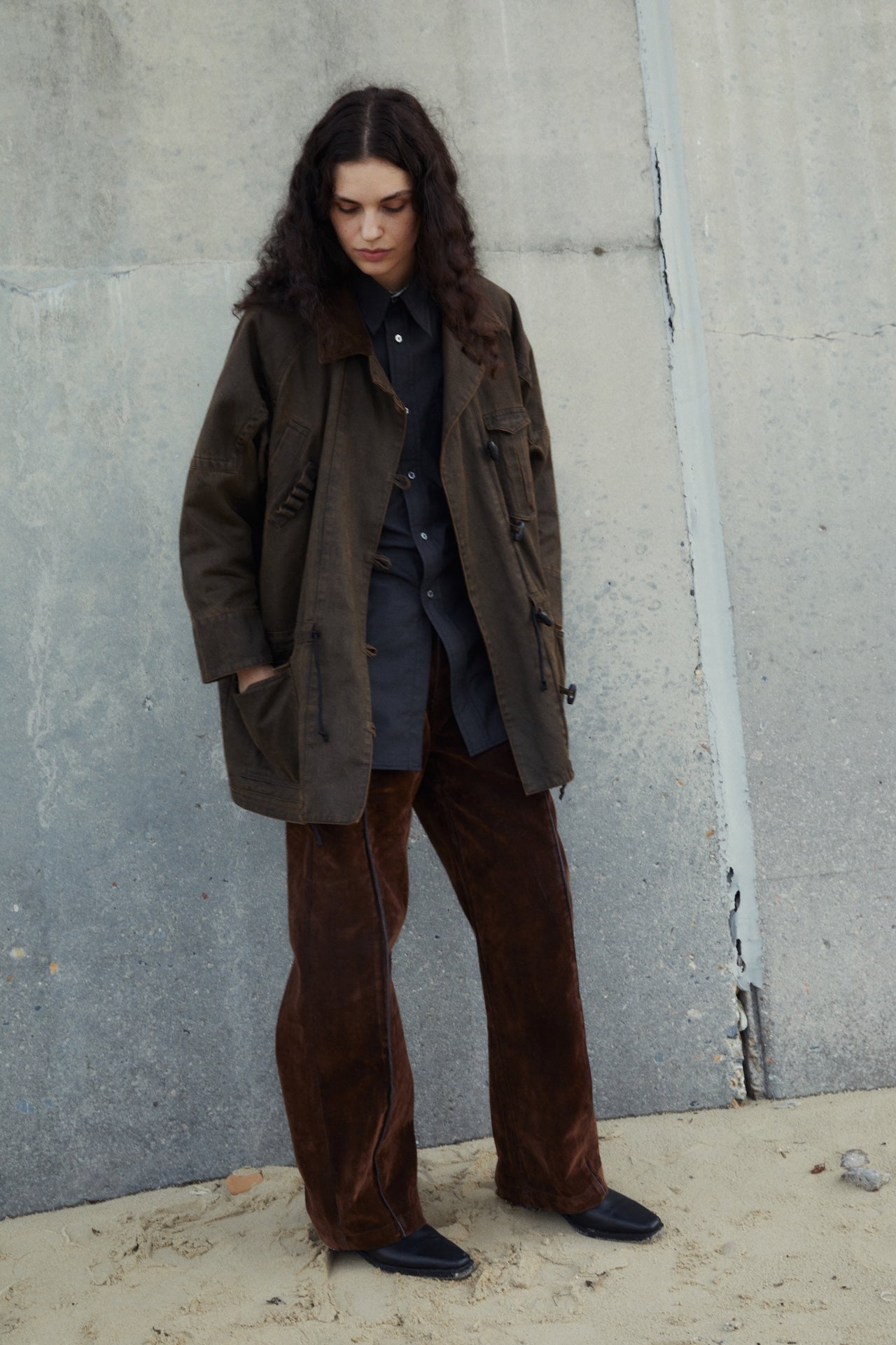 Patch-Pocket Drawstring-Waist Military Collar Jacket