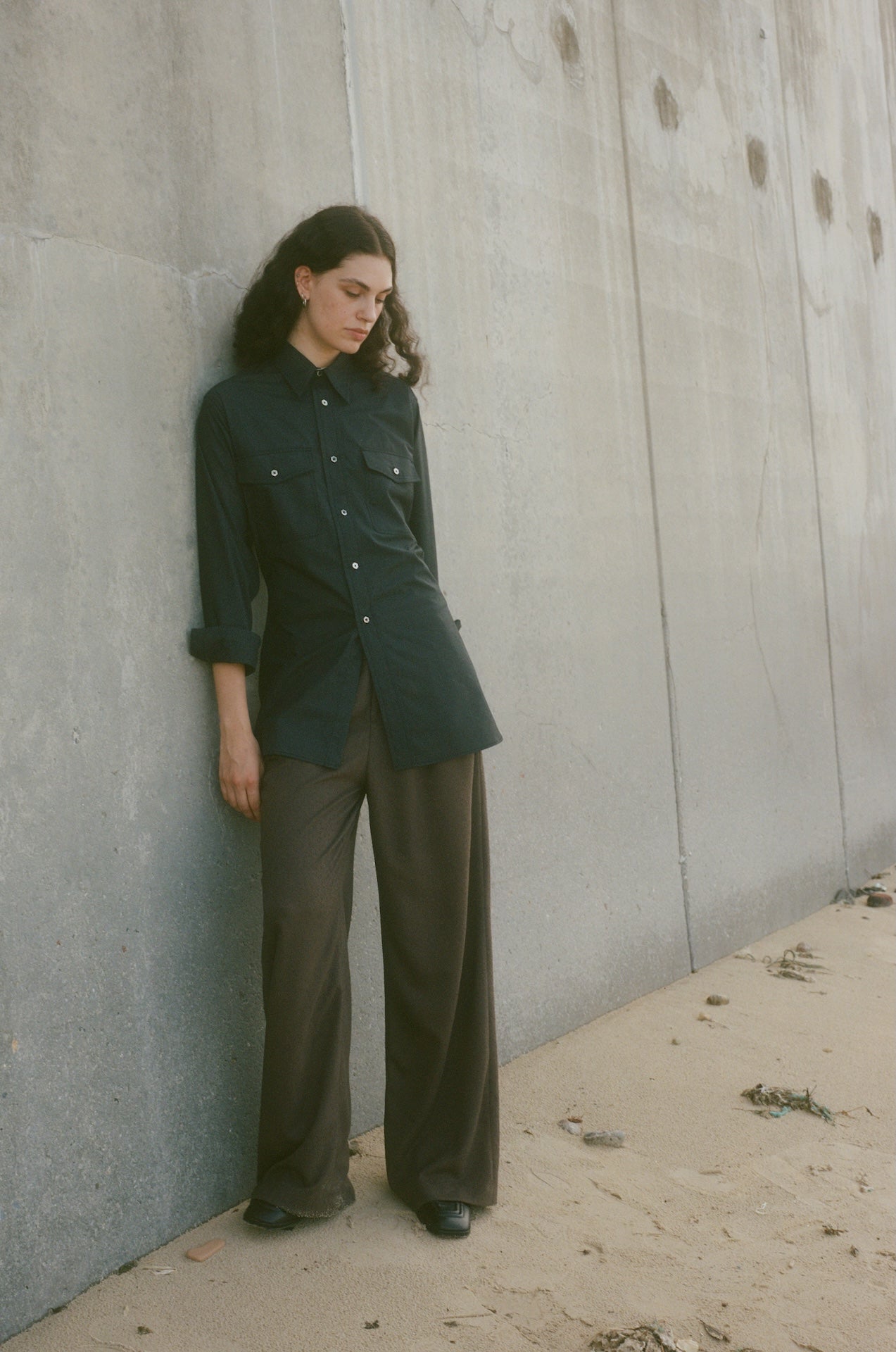 Cotton-Blend Utility Pocket Cinched-Waist Long-Sleeve Shirt