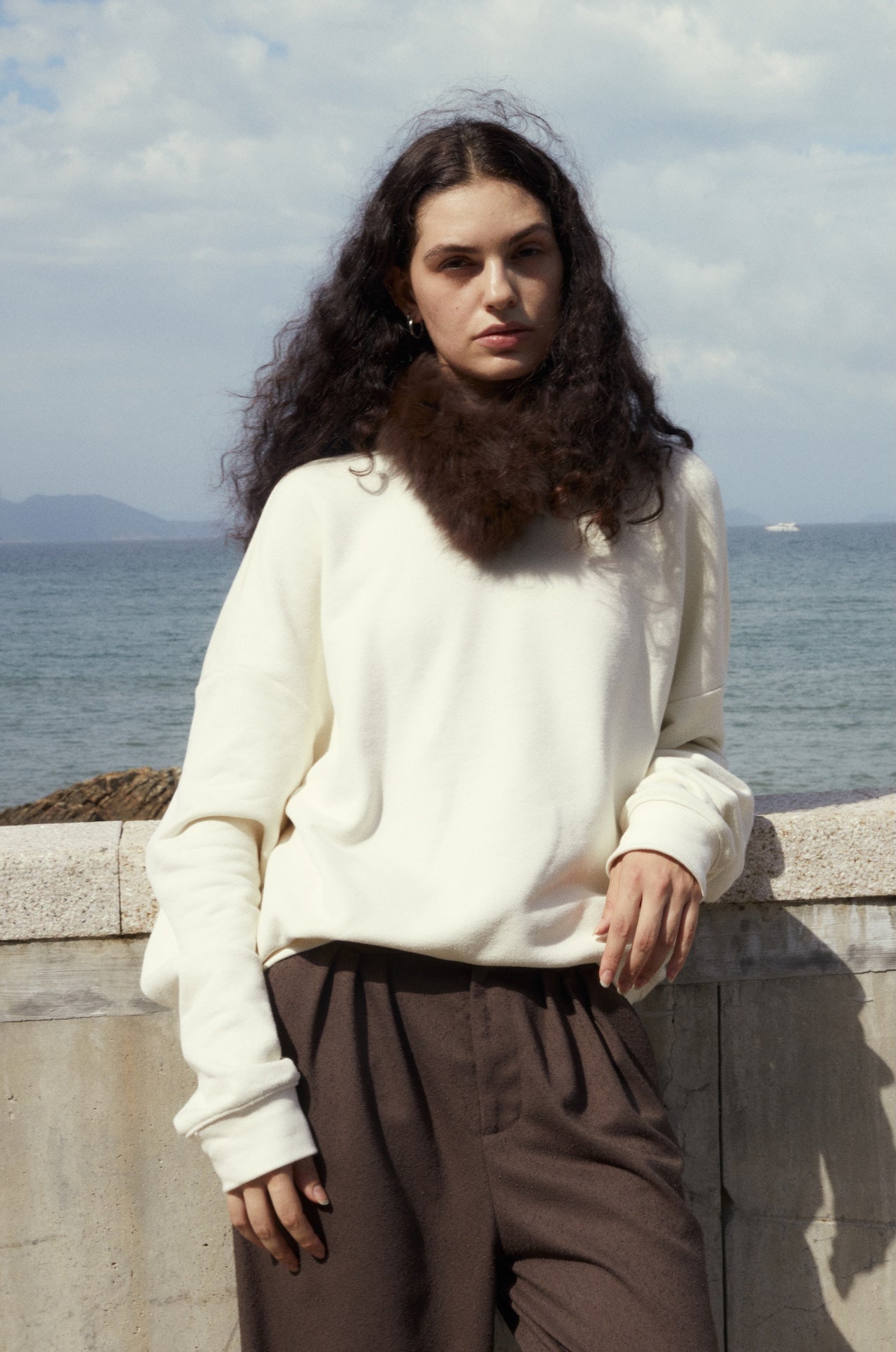 Cotton-Blend Bouclé Knit Crewneck Drop-Shoulder Pullover Sweatshirt