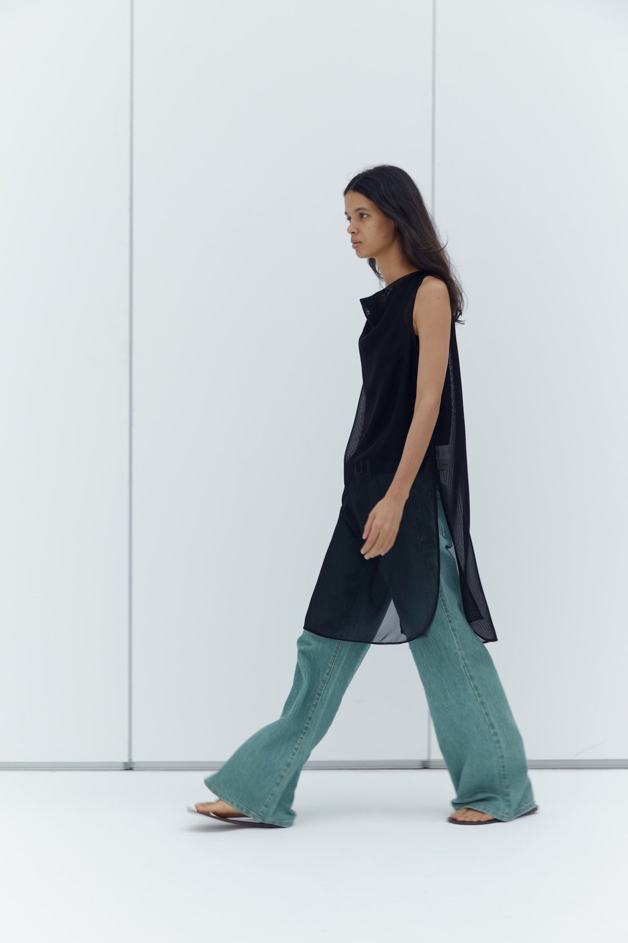 Draped Neck Sleeveless Longline Sheer Layering Top