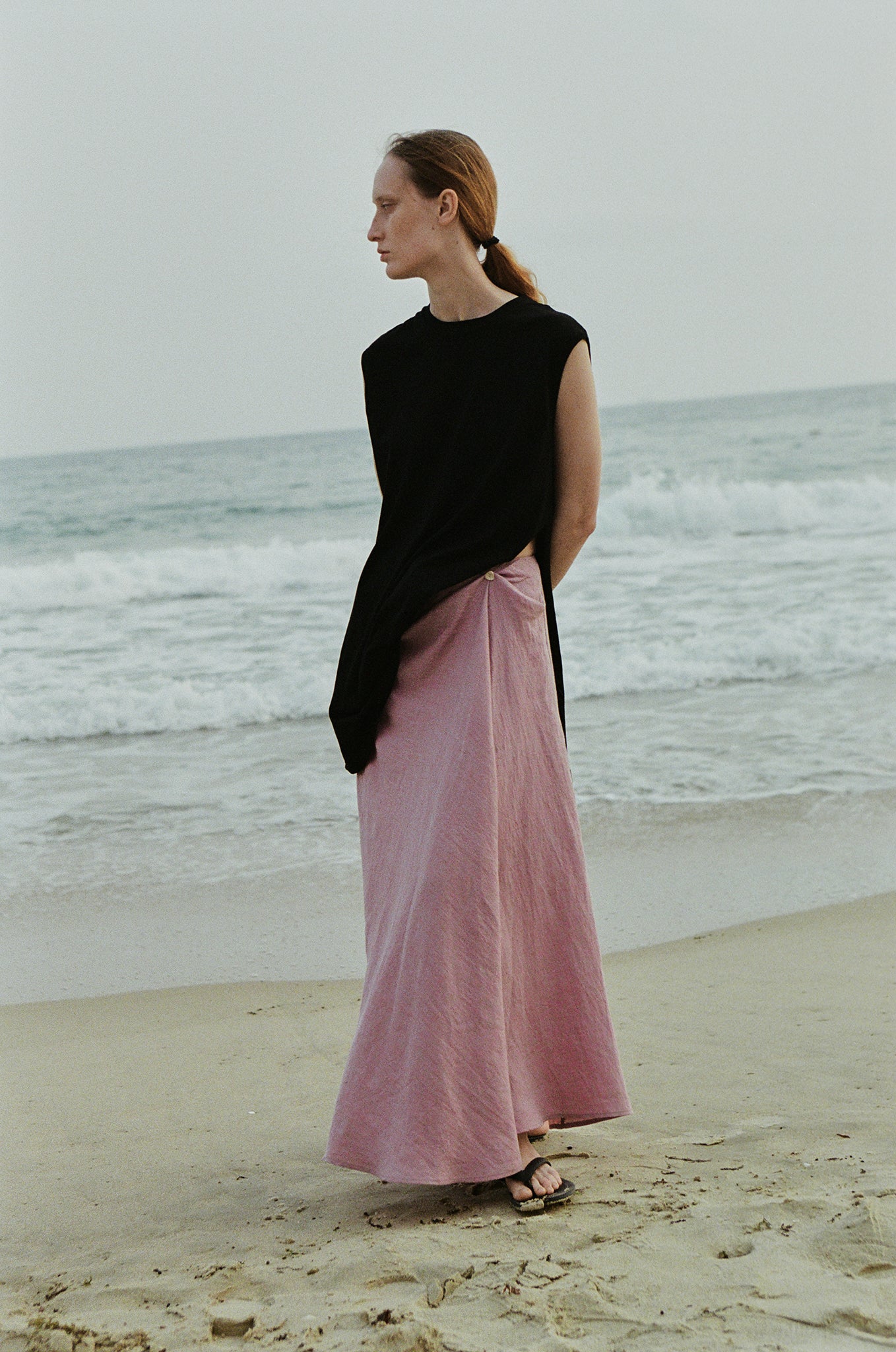 Two-Tone Linen Draped Asymmetric Long Skirt (PRE-ORDER)