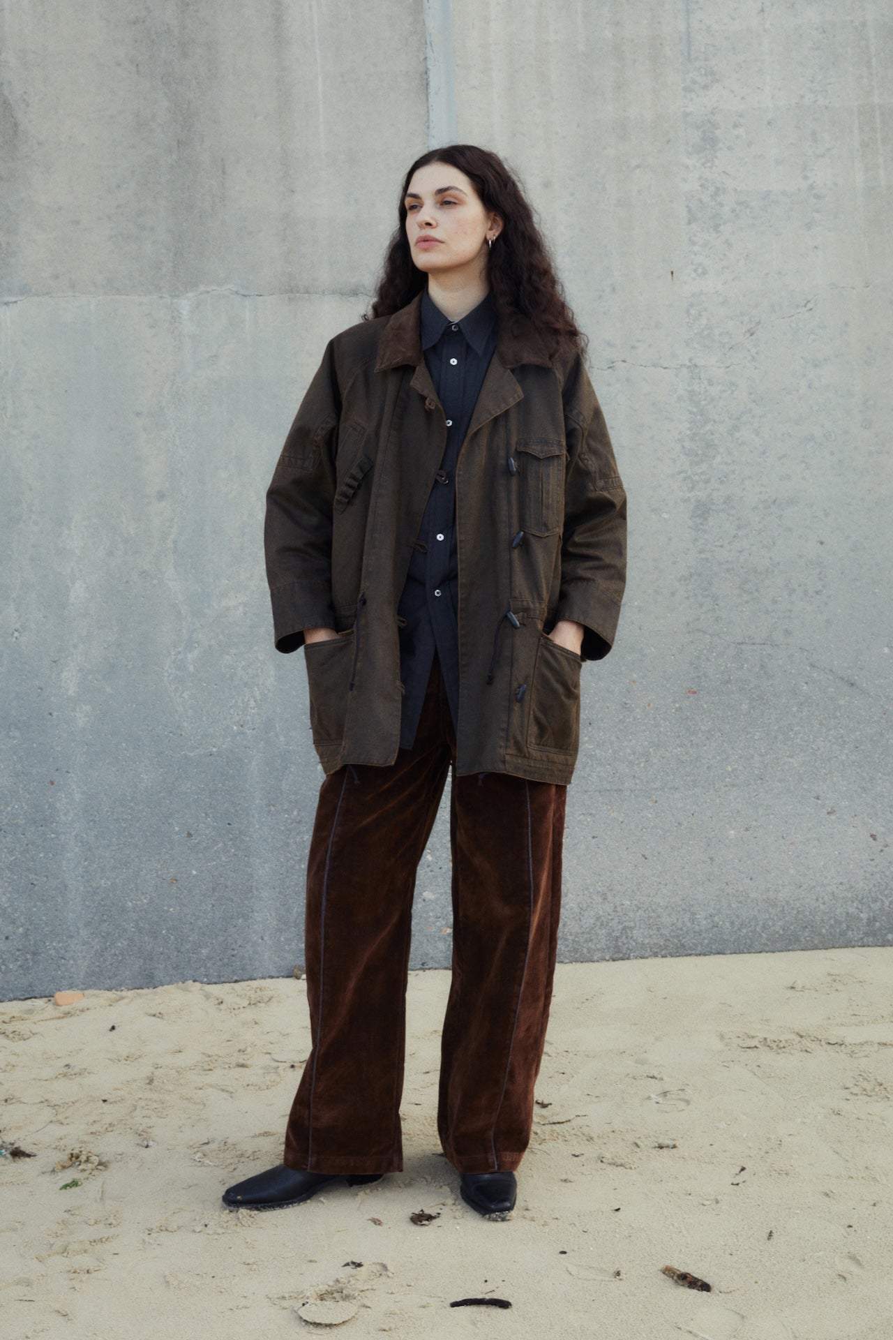 Patch-Pocket Drawstring-Waist Military Collar Jacket