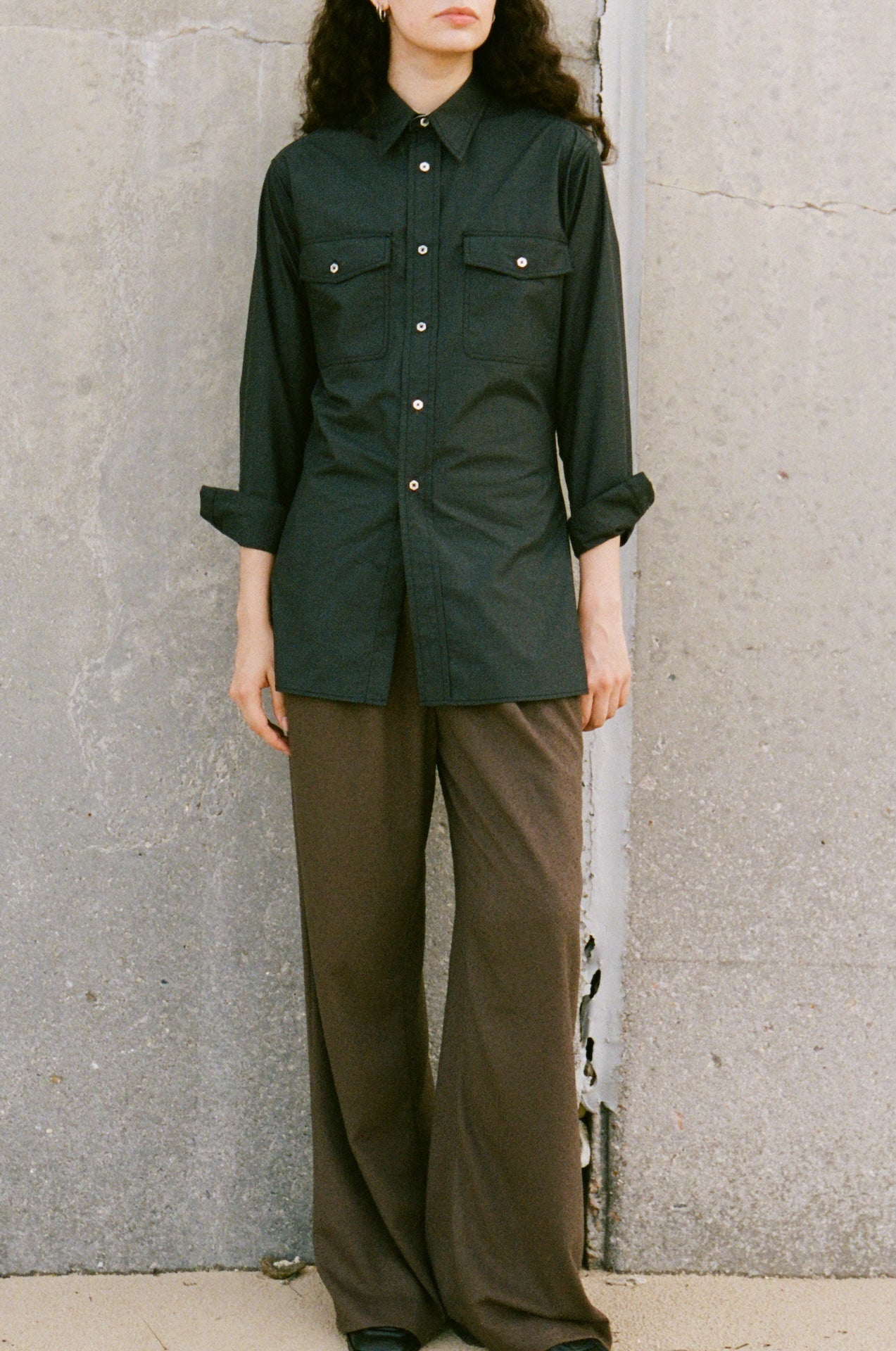 Cotton-Blend Utility Pocket Cinched-Waist Long-Sleeve Shirt