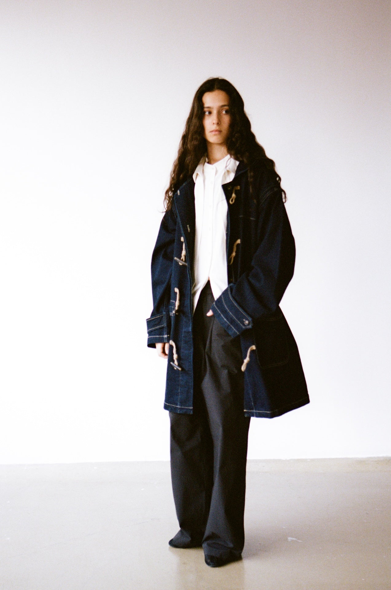 Mid-Length Hooded Duffle Denim Coat