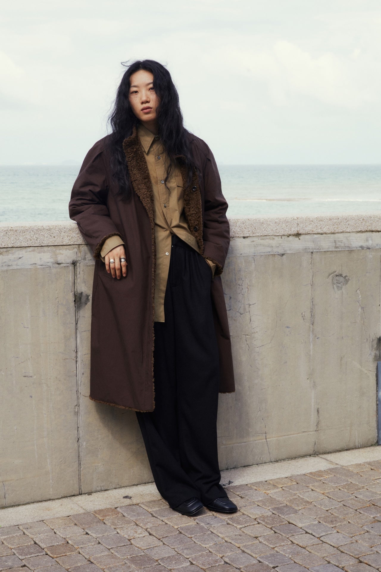 Reversible Stand-Collar Relaxed Mid-Length Fleece Jacket