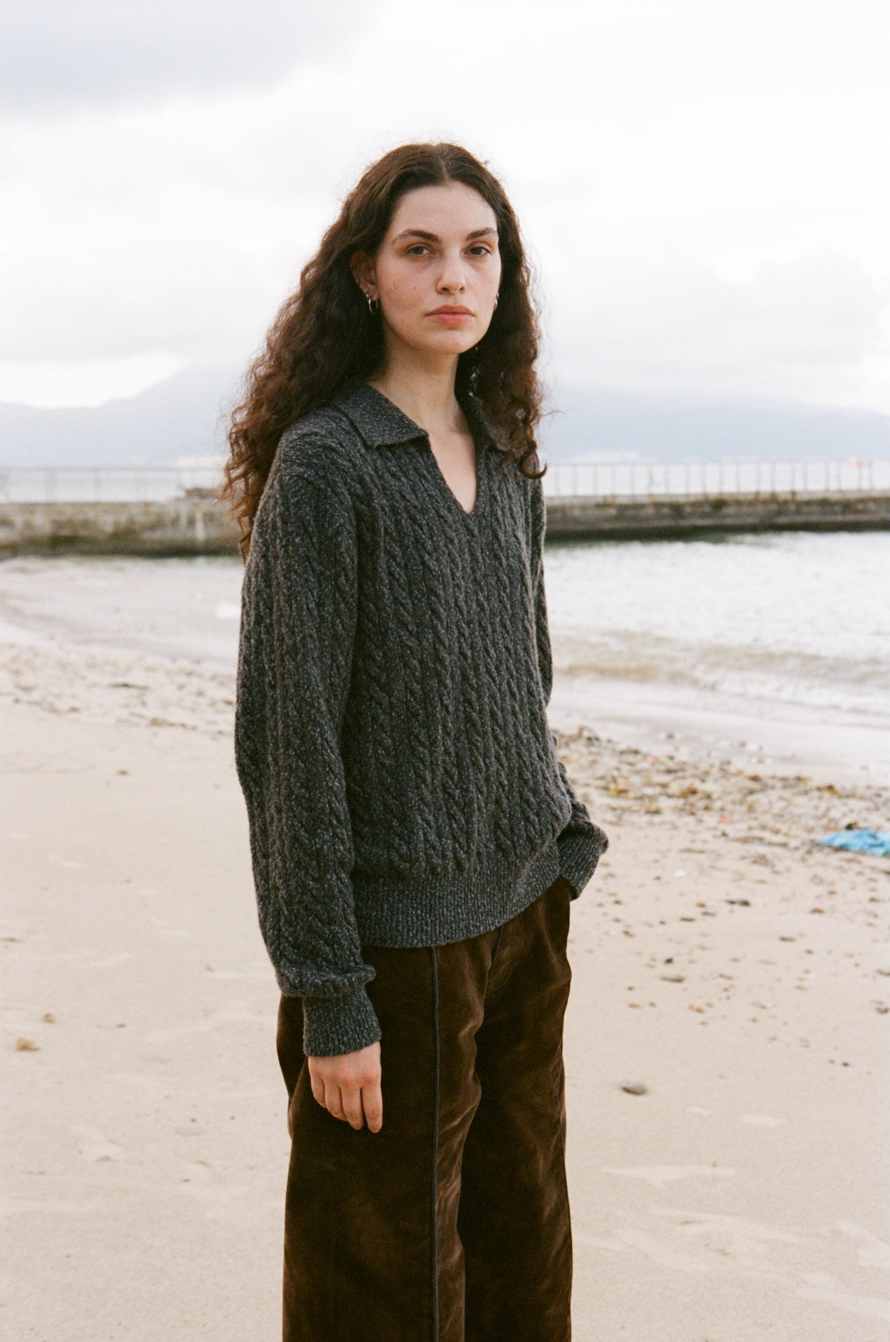 Collar Cable-Knit Relaxed Polo Sweater