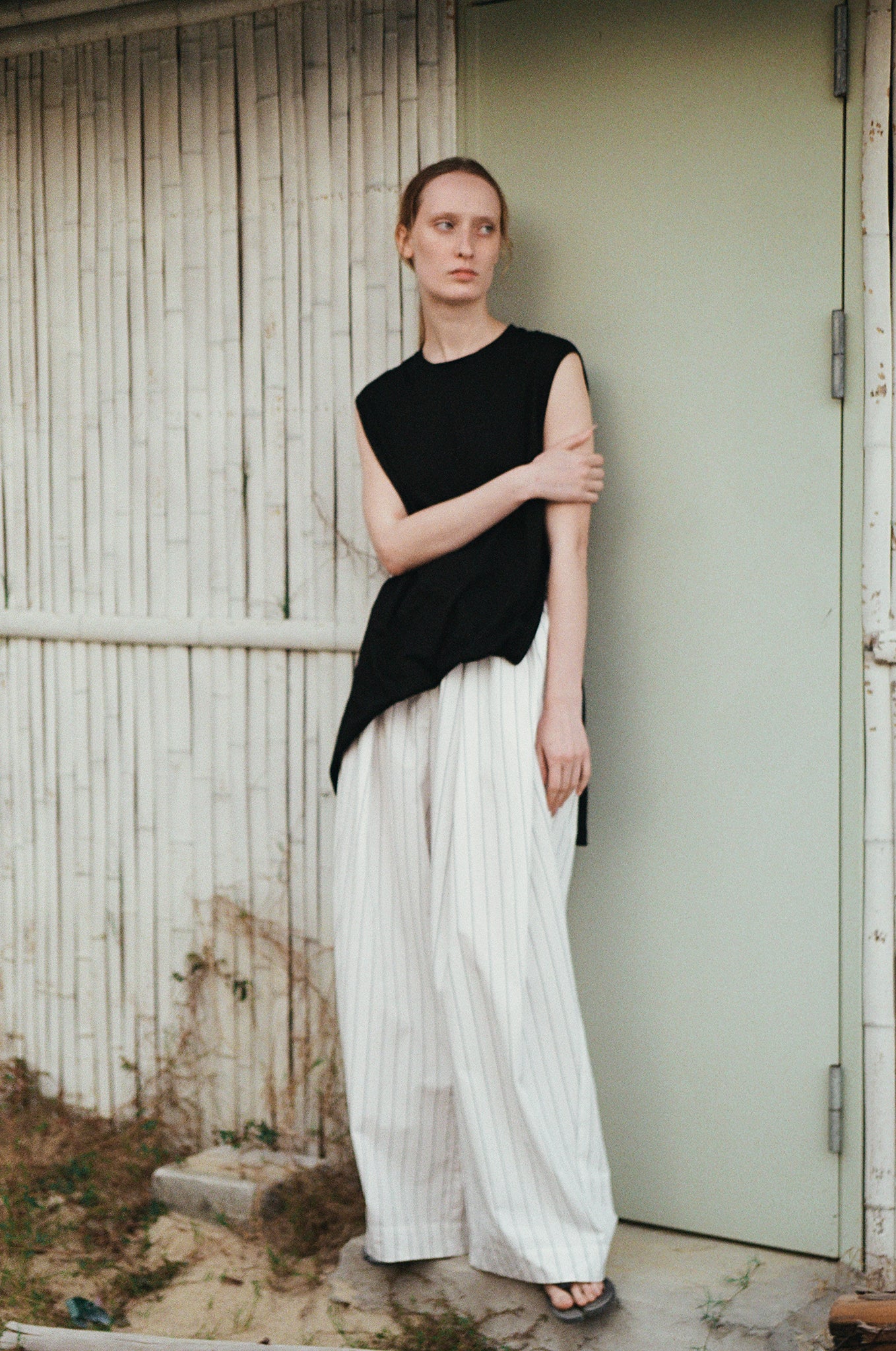 Linen&Cotton Blended Black Striped Wide-leg Pants (PRE-ORDER)