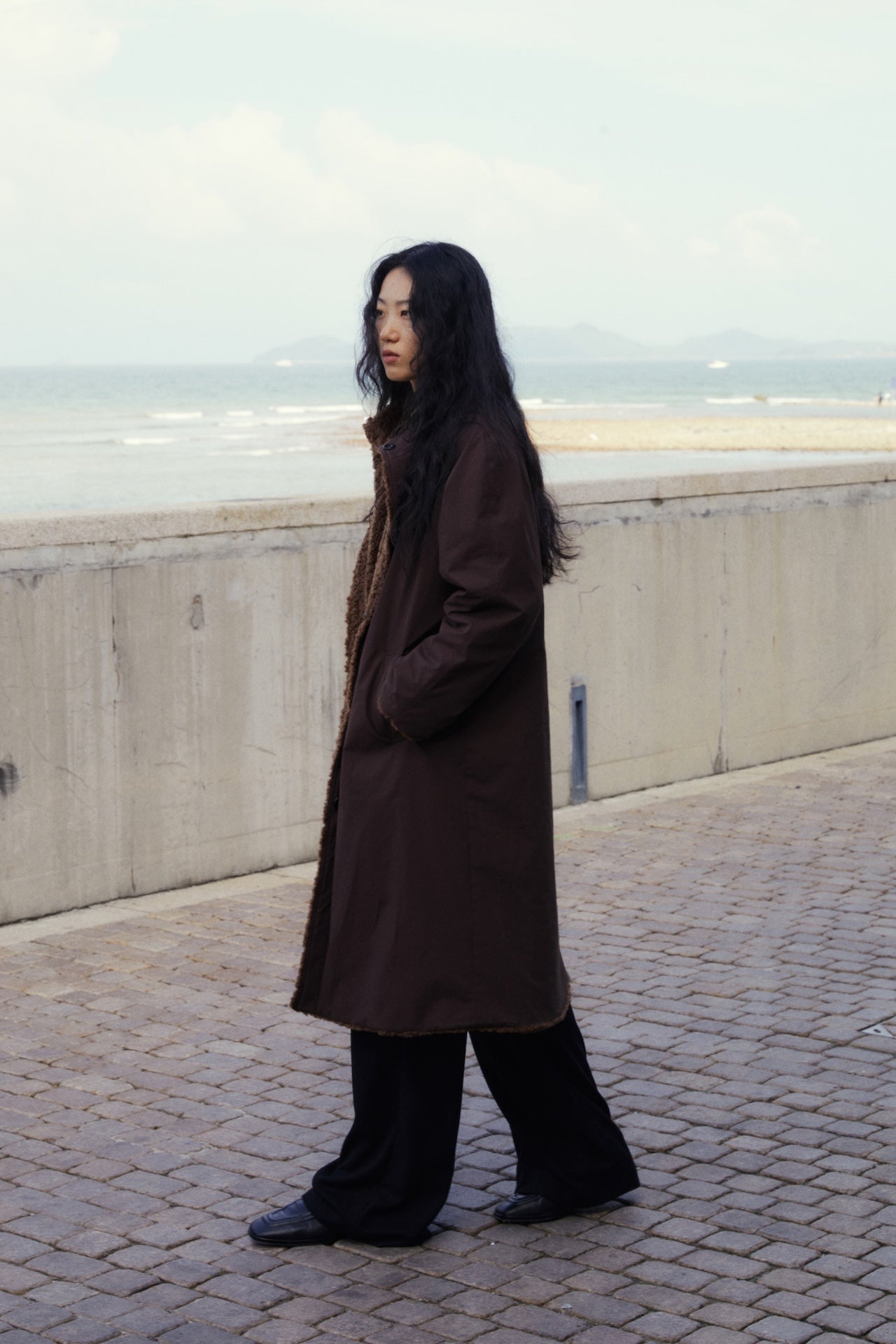 Reversible Stand-Collar Relaxed Mid-Length Fleece Jacket