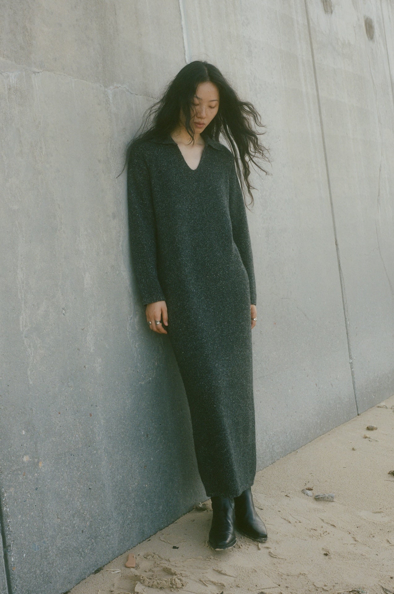 Merino Wool Heart-Collar Long Knit Sweater Dress