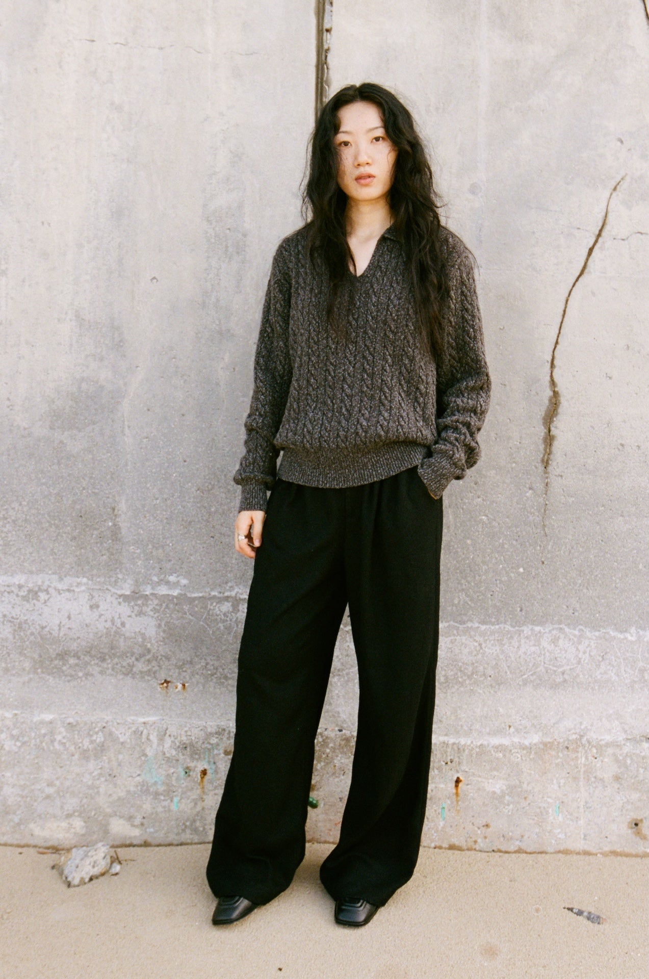 Collar Cable-Knit Relaxed Polo Sweater