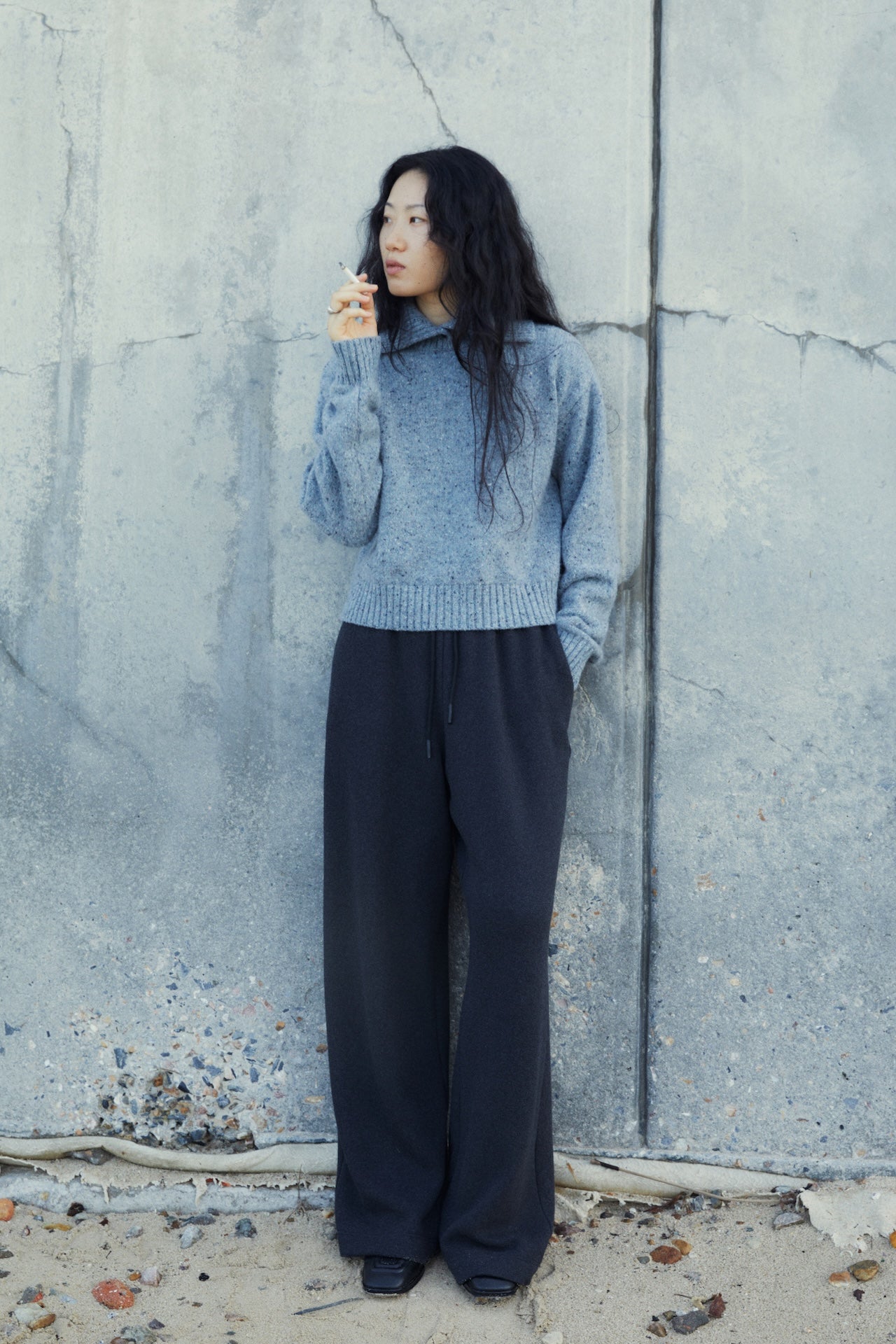 Extra-Fine Merino Wool & Alpaca Blend Oversized Fold-Collar Knit Sweater