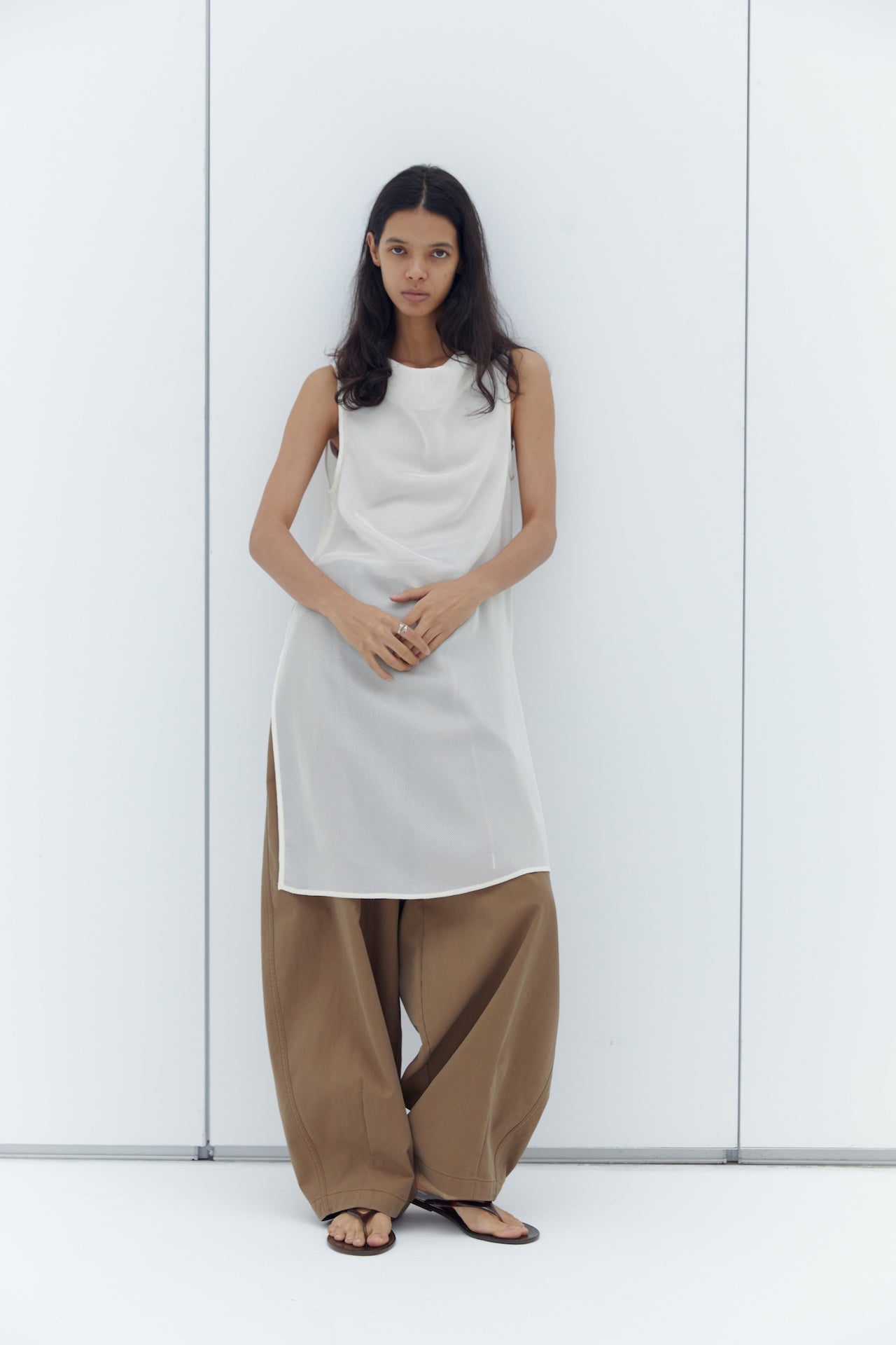 Draped Neck Sleeveless Longline Sheer Layering Top