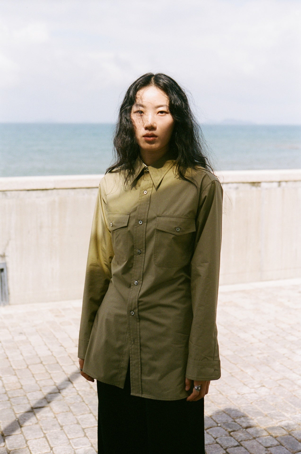 Cotton-Blend Utility Pocket Cinched-Waist Long-Sleeve Shirt