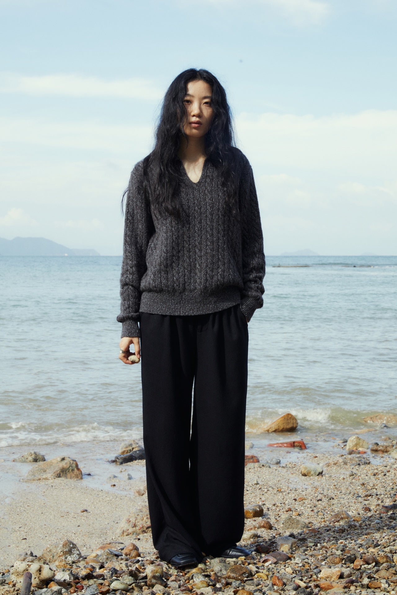 Collar Cable-Knit Relaxed Polo Sweater