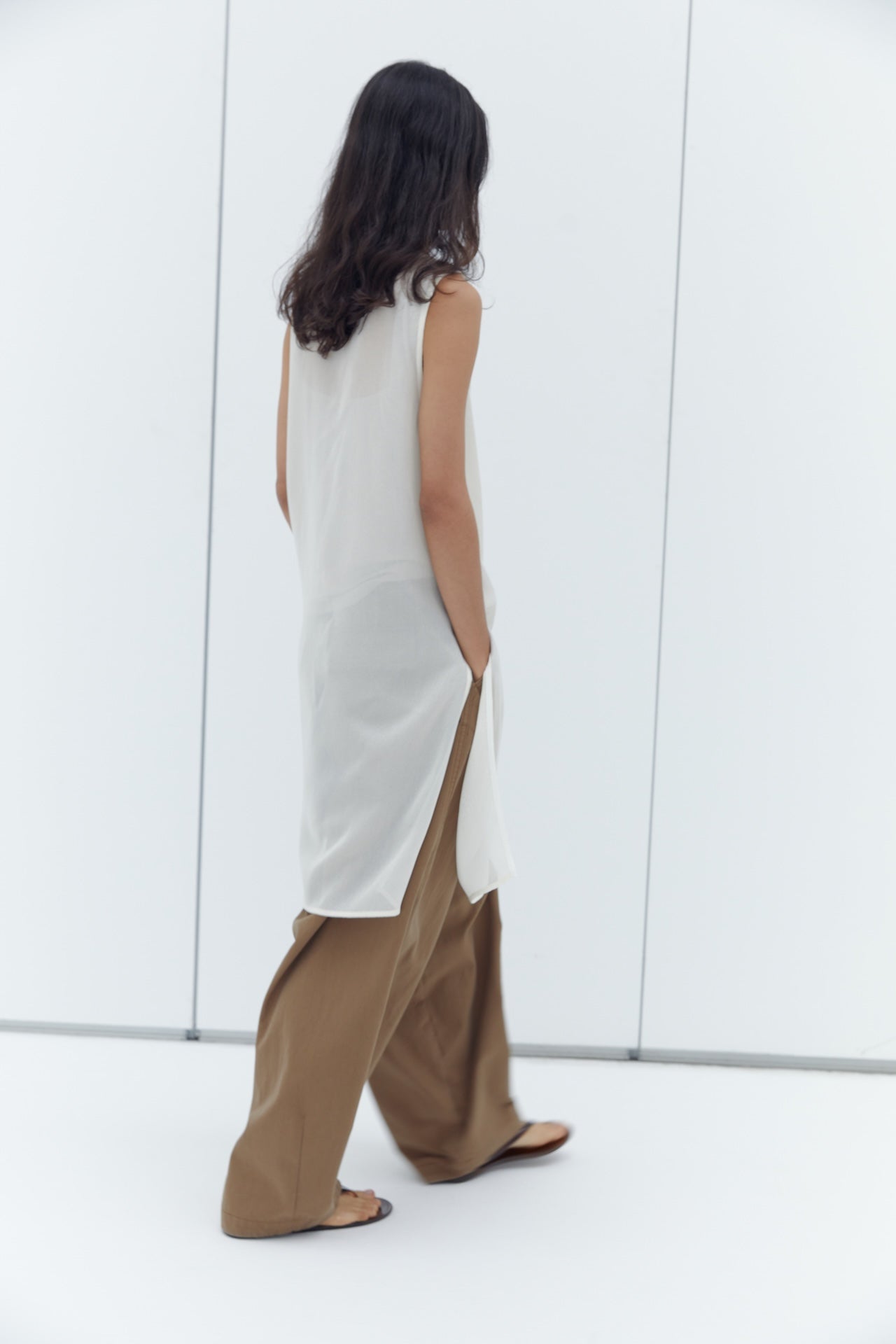 Draped Neck Sleeveless Longline Sheer Layering Top