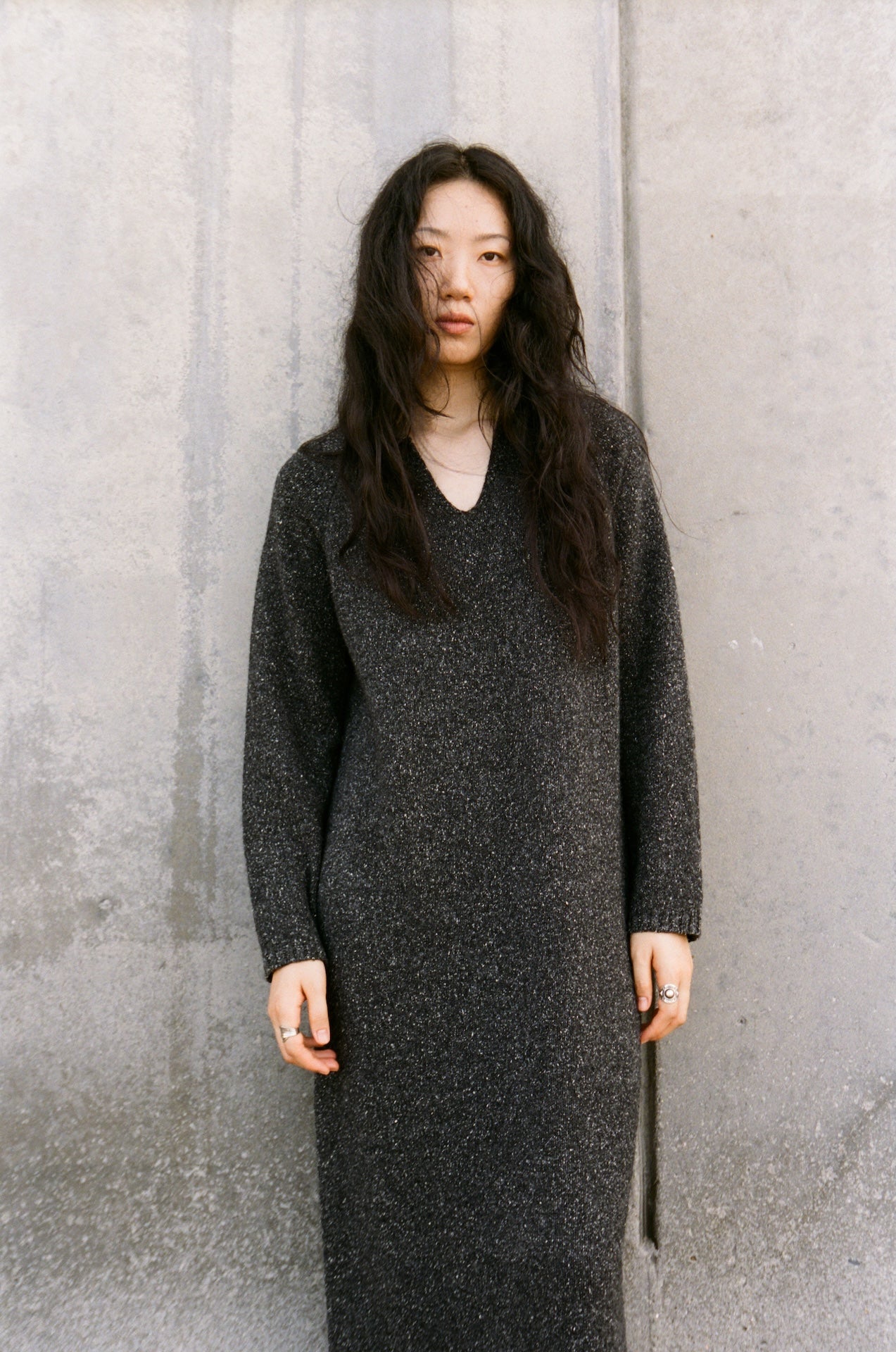 Merino Wool Heart-Collar Long Knit Sweater Dress