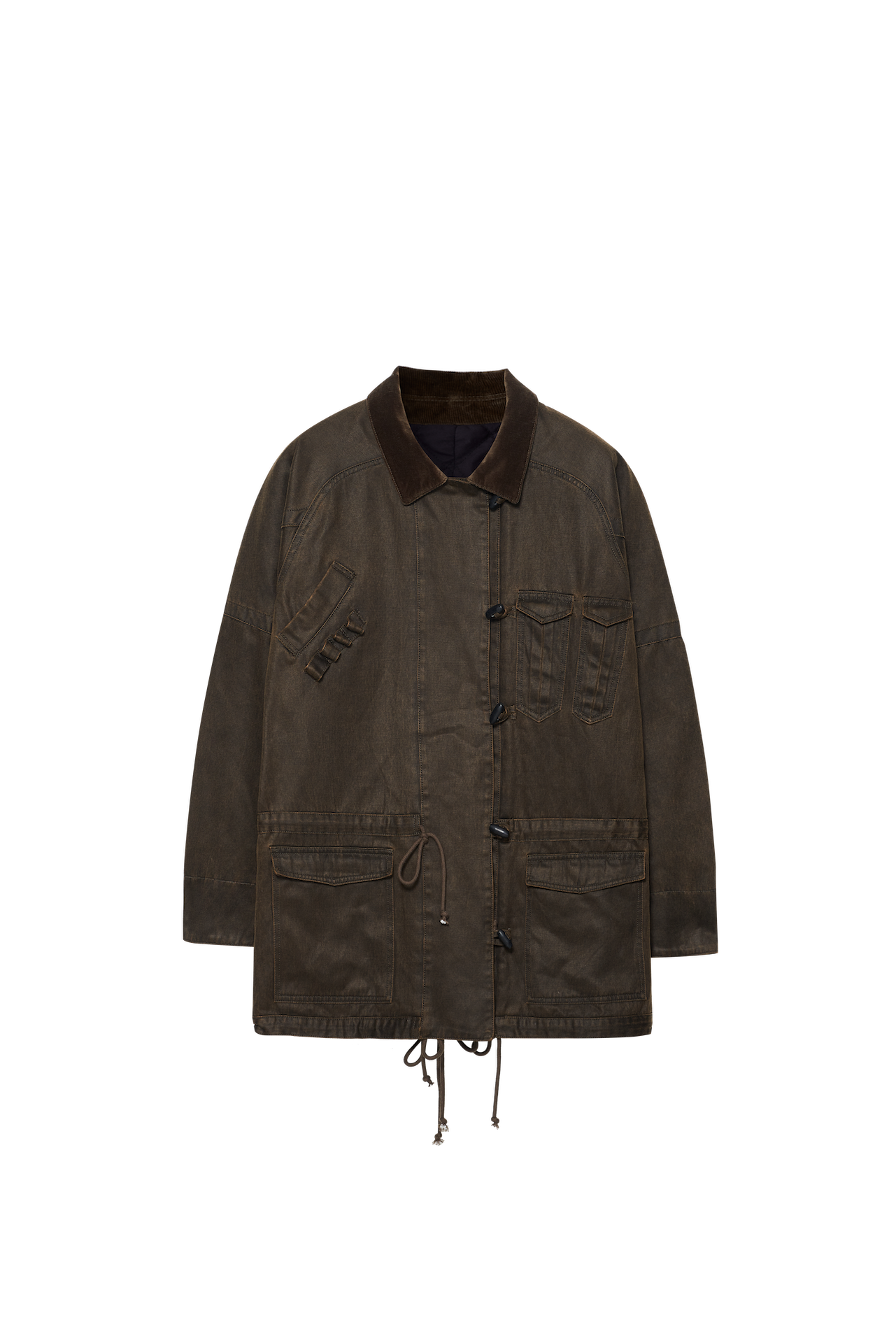 Patch-Pocket Drawstring-Waist Military Collar Jacket