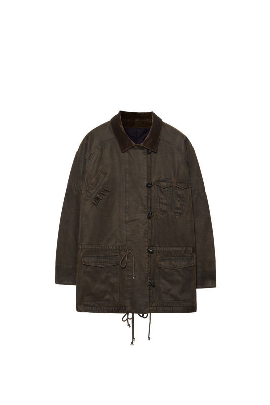 Patch-Pocket Drawstring-Waist Military Collar Jacket