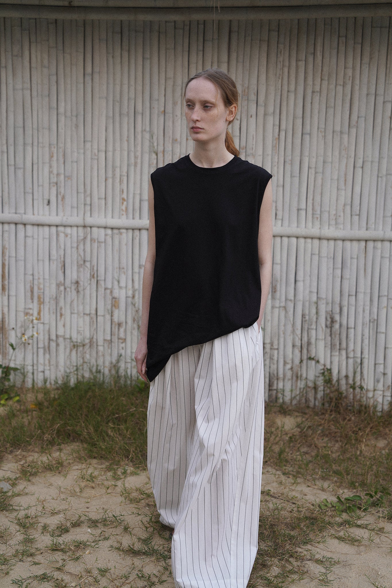 Linen&Cotton Blended Black Striped Wide-leg Pants (PRE-ORDER)