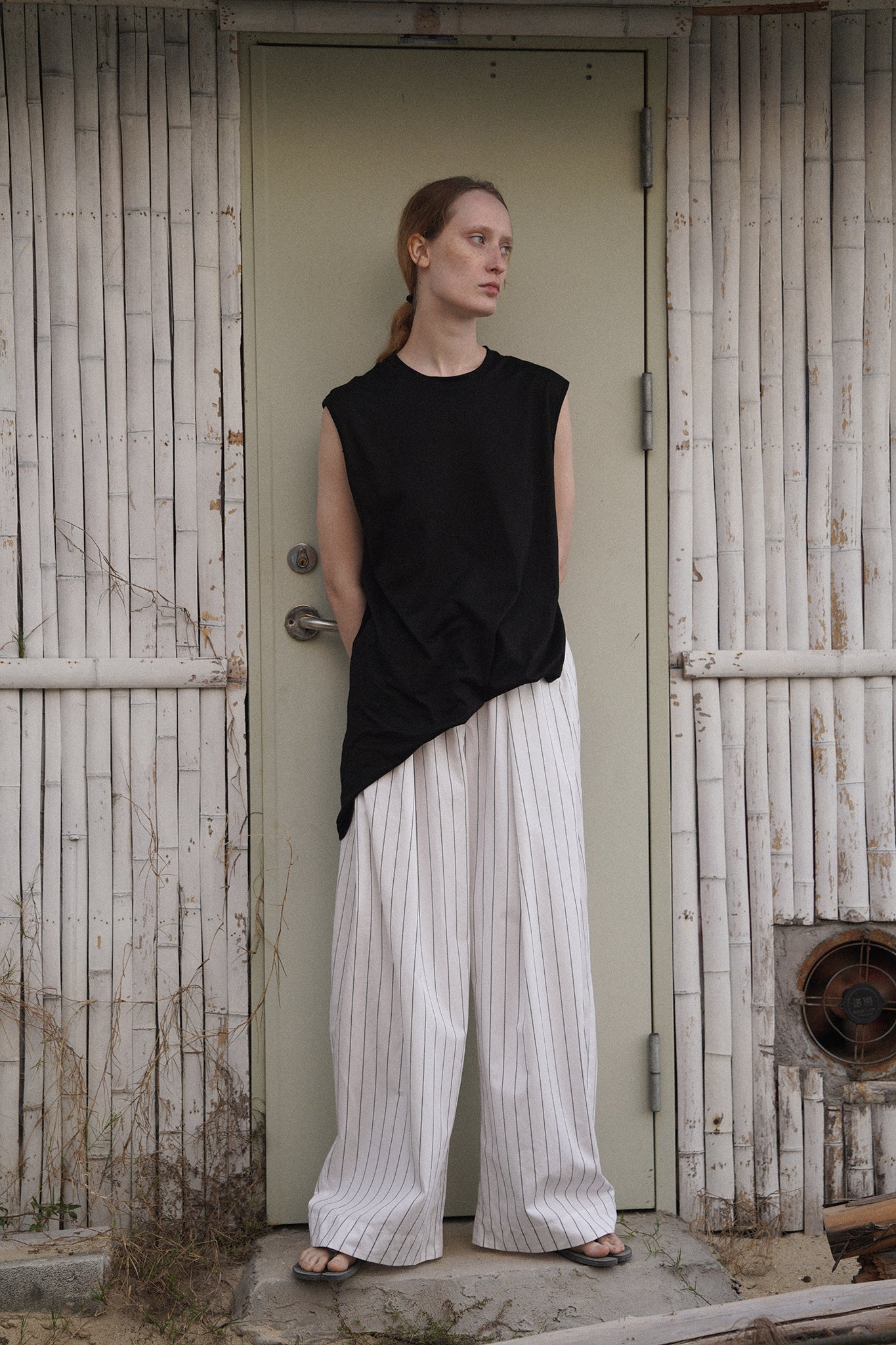 Linen&Cotton Blended Black Striped Wide-leg Pants (PRE-ORDER)