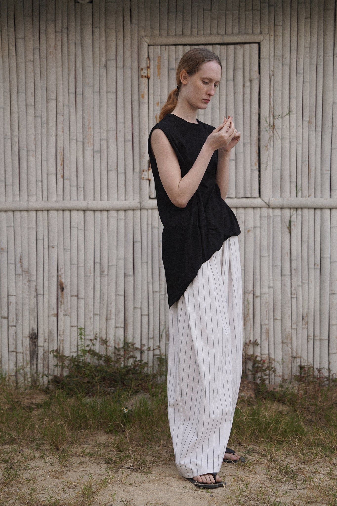 Linen&Cotton Blended Black Striped Wide-leg Pants (PRE-ORDER)