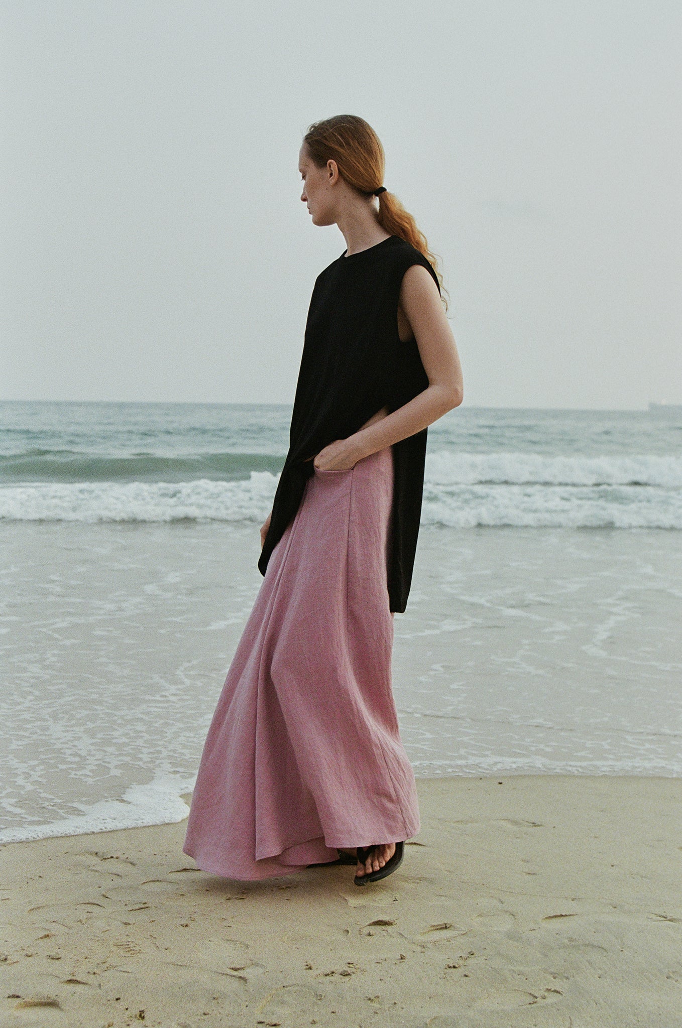 Two-Tone Linen Draped Asymmetric Long Skirt (PRE-ORDER)